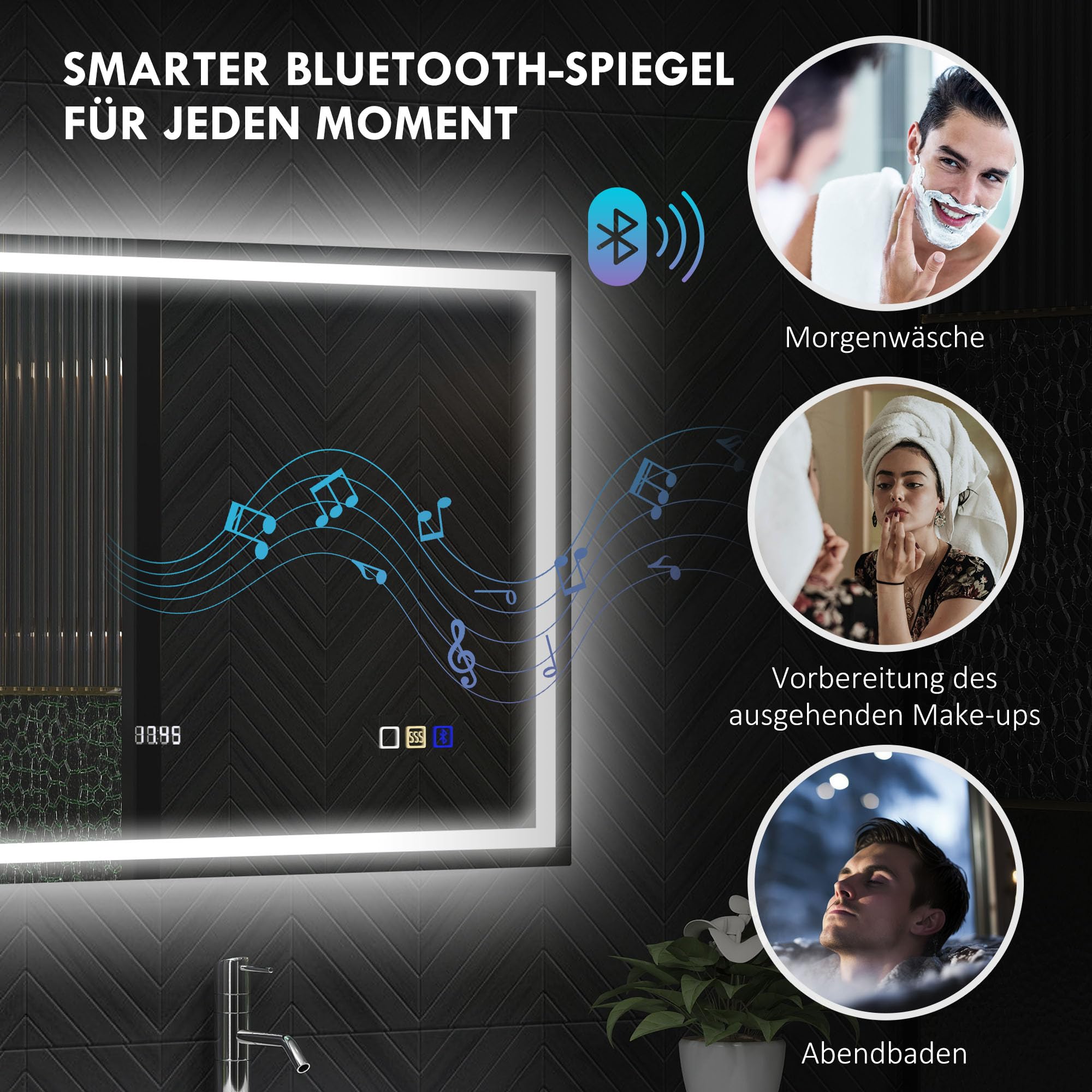 HOMCOM Badspiegel mit Beleuchtung 100x80 cm LED Spiegel Uhr Silber