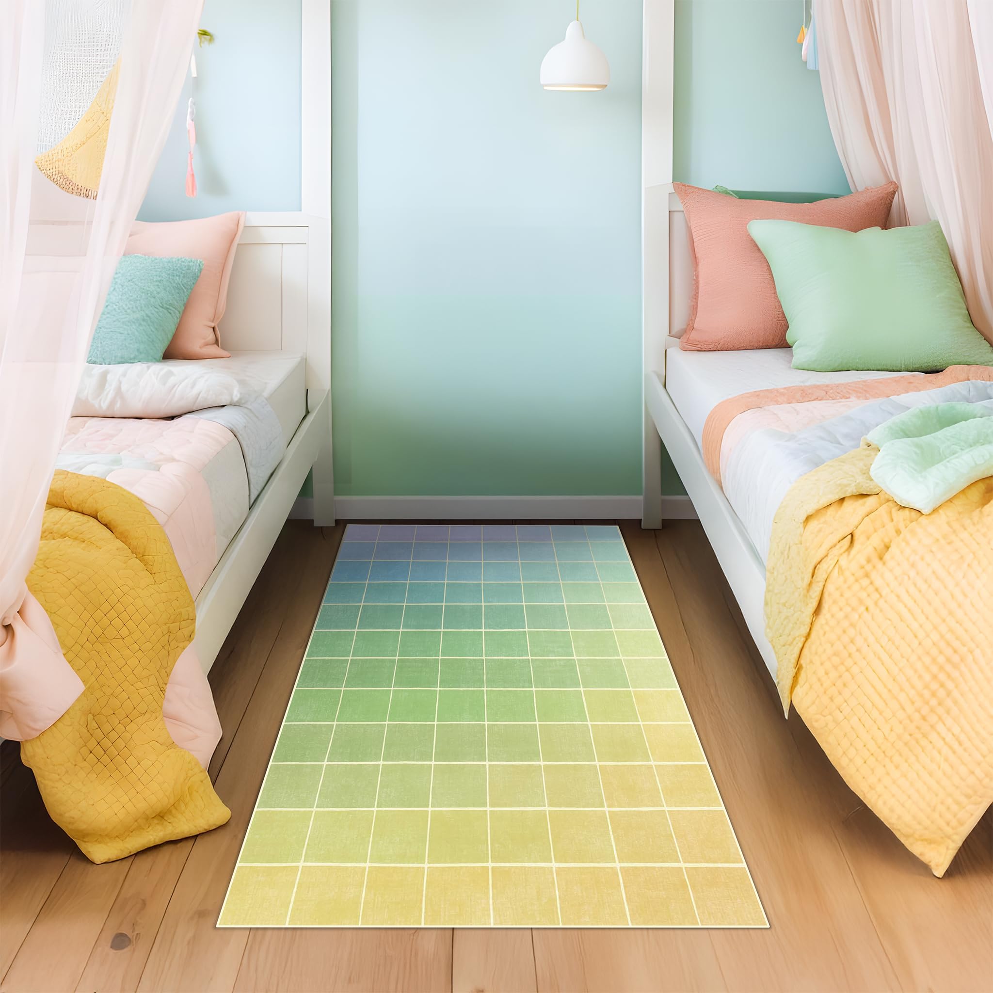 Mid Century Modern Ombre Rainbow Rug 4x6, Green Checkered Retro Eclectic Colorful Contemporary, Washable Area Rugs Non Slip Low Pile for Living Room Kitchen Laundry Bedroom Beside Bed