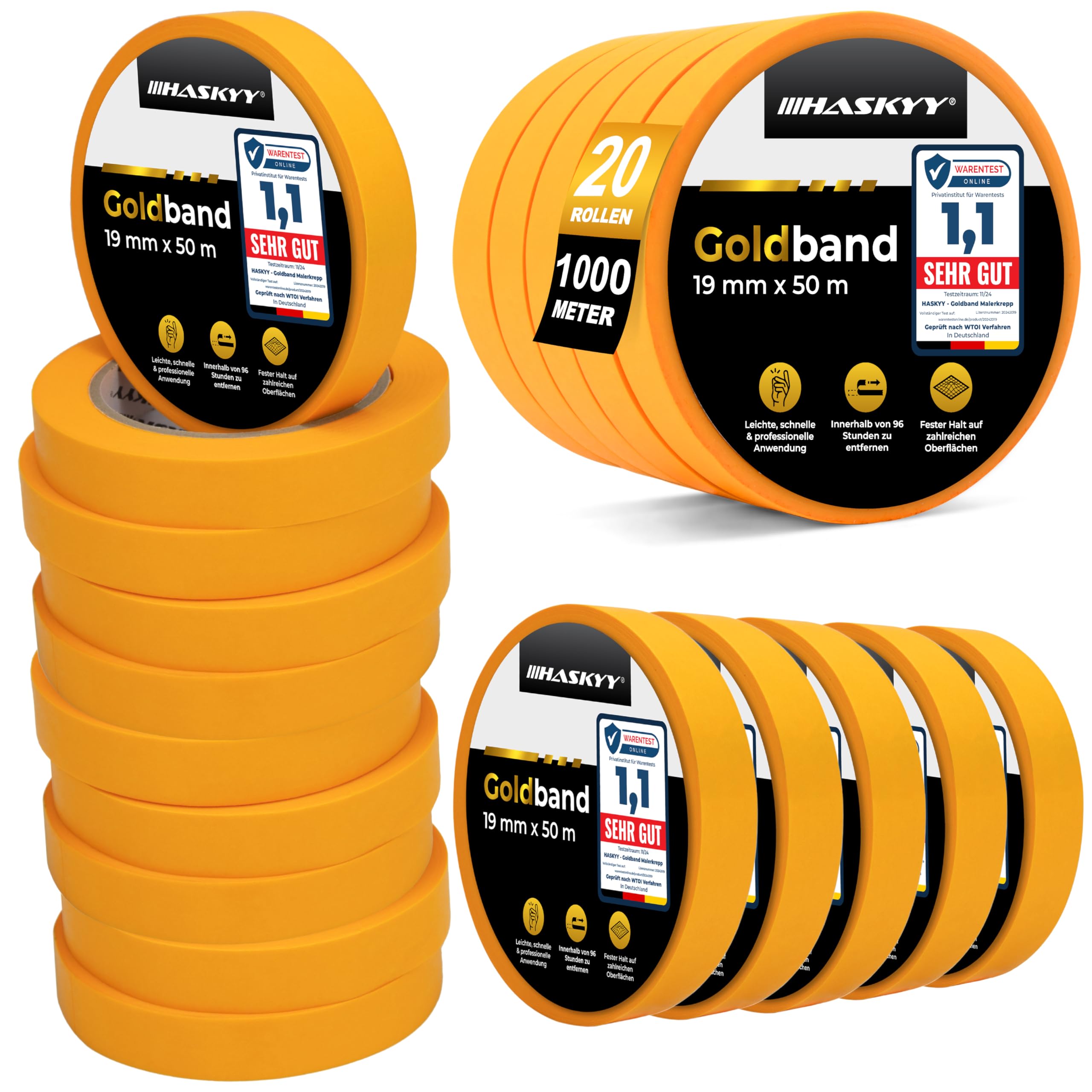 HASKYY Cinta de Pintor 19mm x 50m - 20 rollos de cinta de carrocero pintura, masking tape - Enmascarar Paredes de Precisión Cinta Adhesiva no Deja Residuos