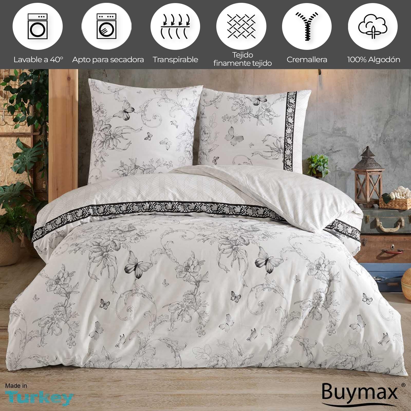 Buymax® Ropa de cama de 200 x 200 cm, 100% algodón, 3 piezas, juego de ropa de cama de 200 x 200 cm con 2 fundas de almohada de 80 x 80 cm, certificado Öko-Tex Renforcé, juego de ropa de cama con