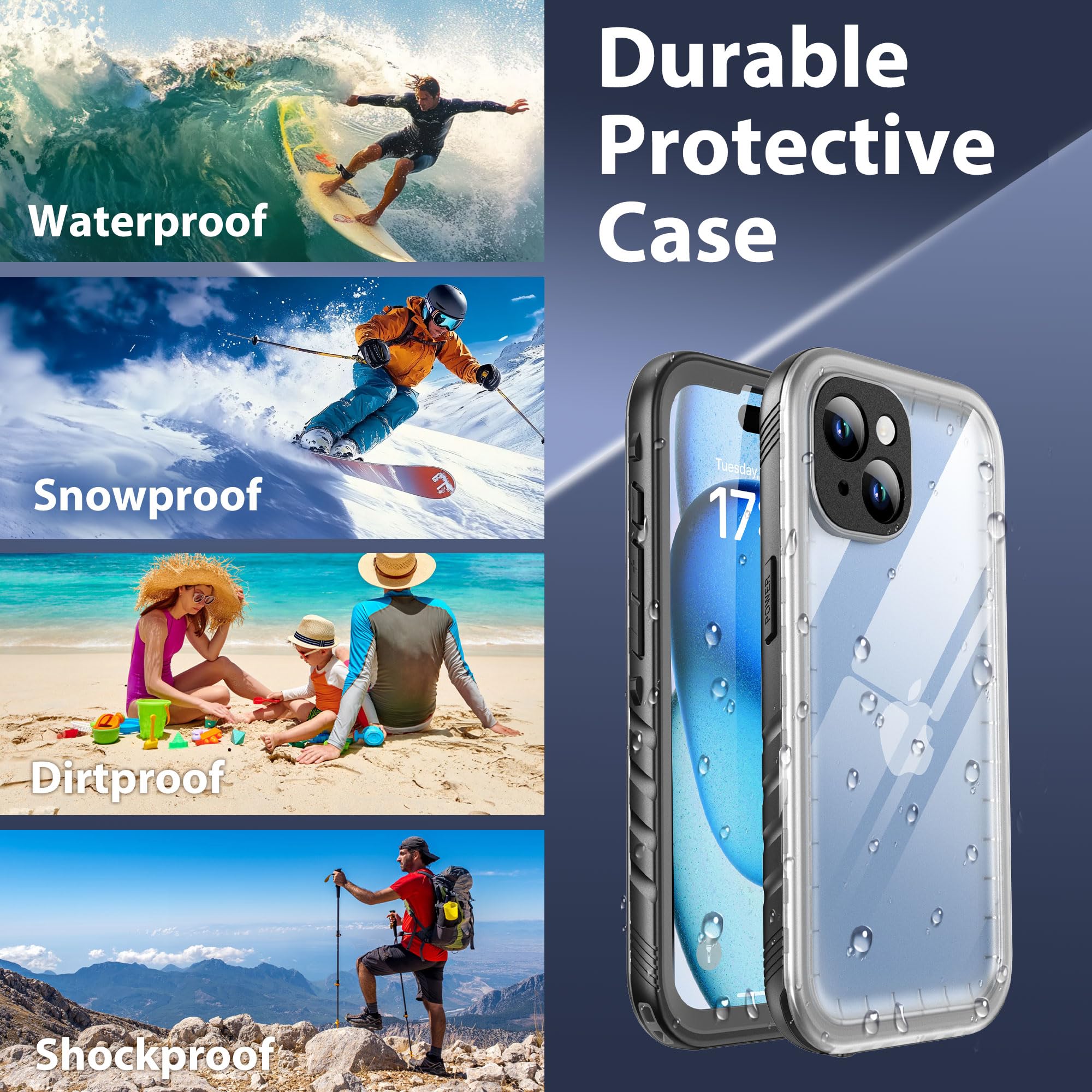 SPORTLINK Funda impermeable para iPhone 15, protector de pantalla y lente de cámara integrado, IP68 bajo el agua, 6.6 pies, militar, a prueba de caídas y polvo, real 360, para iPhone 15 de 6.1