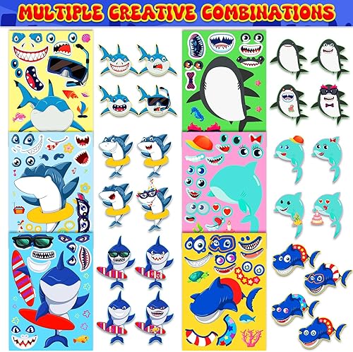 Miniatura 4 de 36 calcomanías de tiburón, diseño de animales del océano, kits de manualidades para niños, calcomanías de cara de tiburón bebé con 6 diseños