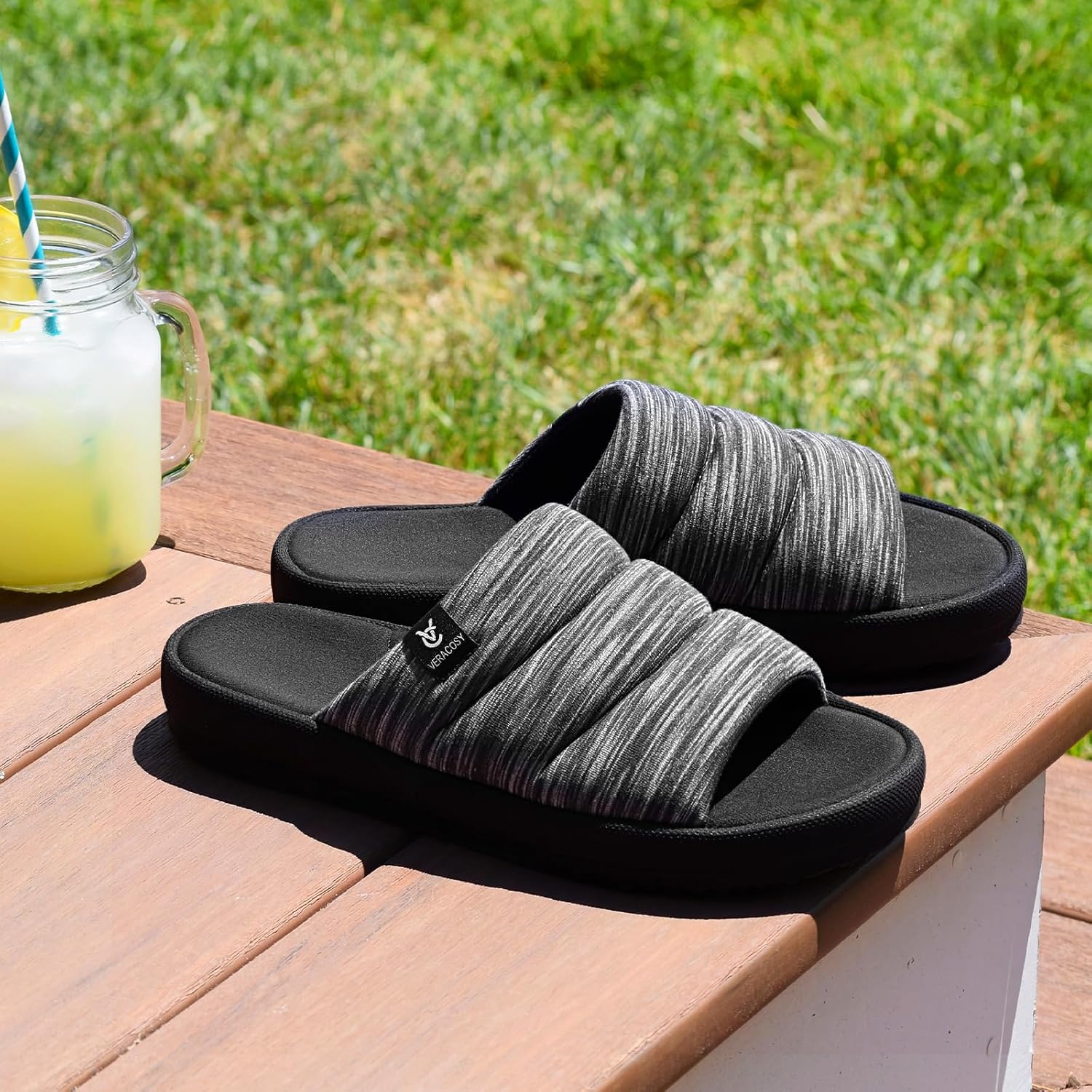 VeraCosy Men's Open Toe Slippers Breathable Corn Knit Memory Foam Non Slip Sole for House