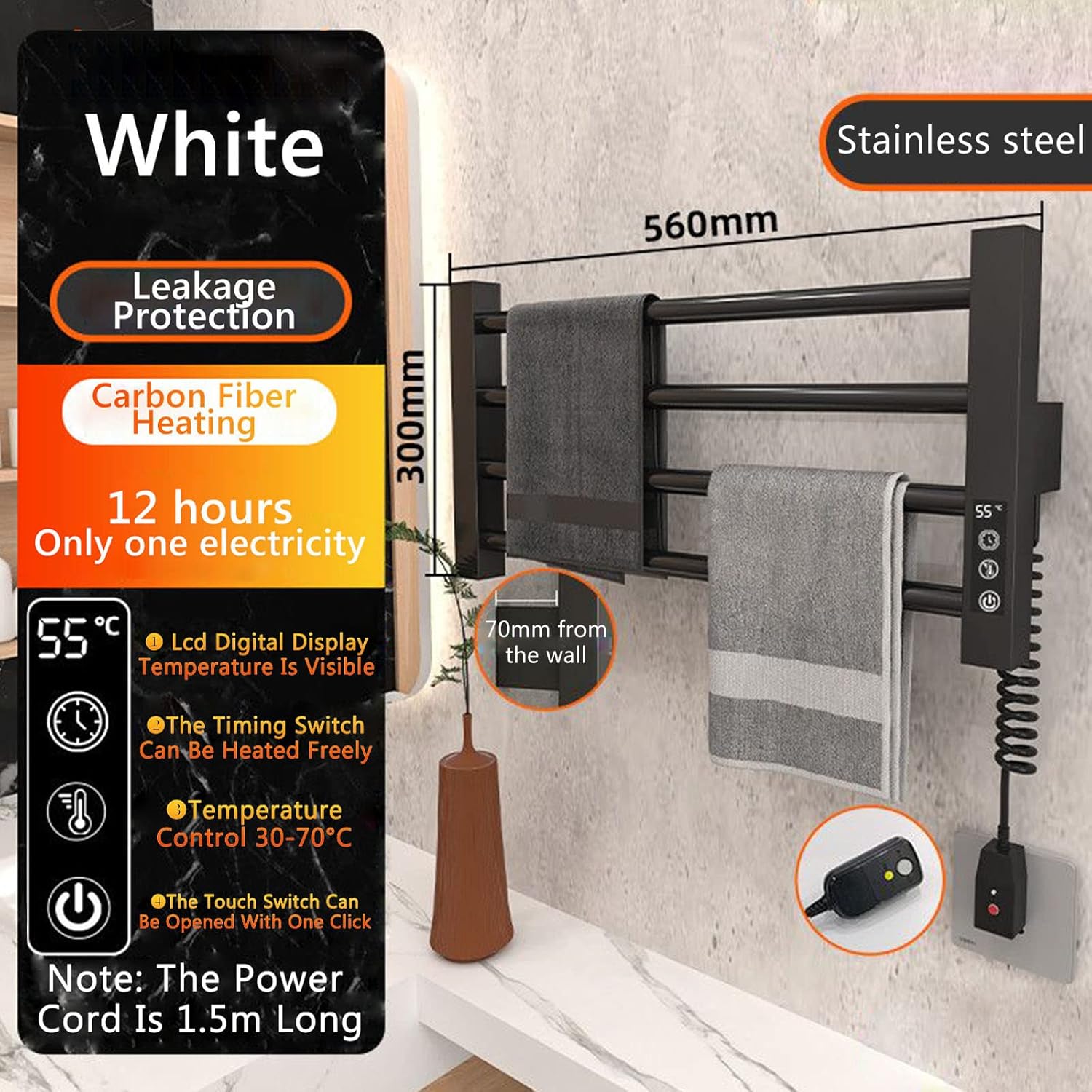 Rack for Bathroom,Wall Mounted Electric Heated 4 Bar Rail Plug-in or Hardwired,with Timer and Temperature Multi-Level Adjustments,Black,Plug in