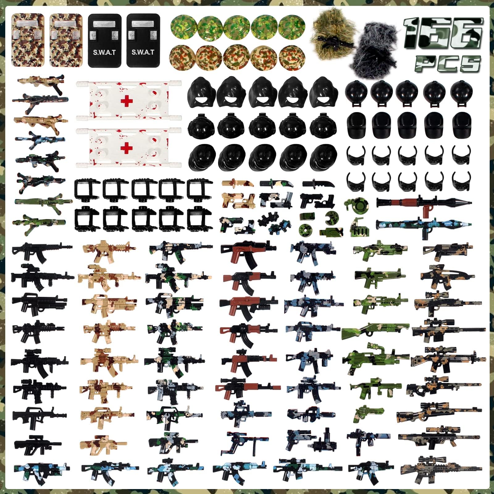 ZYLEGENWW2 Weapons Pack Building Block Toys,Military Toy Mercenary Soldiers Figures Army SWAT Team Guns Set Battle EOD Playset,Compatible with Mini Figure Brick for Boys 5-12(166Pcs)