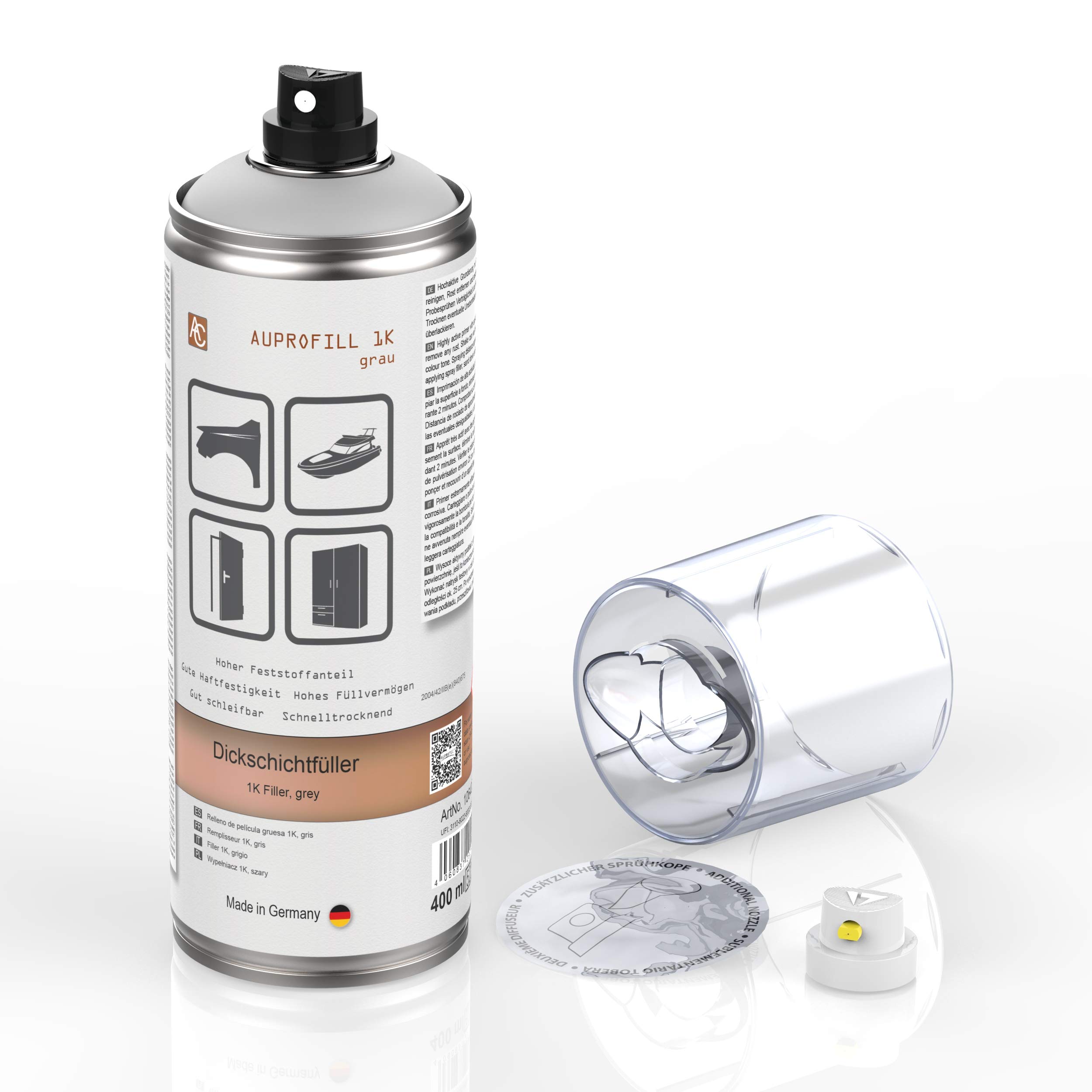 AUPROTEC Dickschichtfüller AUPROFILL 1K Filler Grundierung für Autolack Primer Spray grau 12x 400ml + 1x Original Pistolengriff