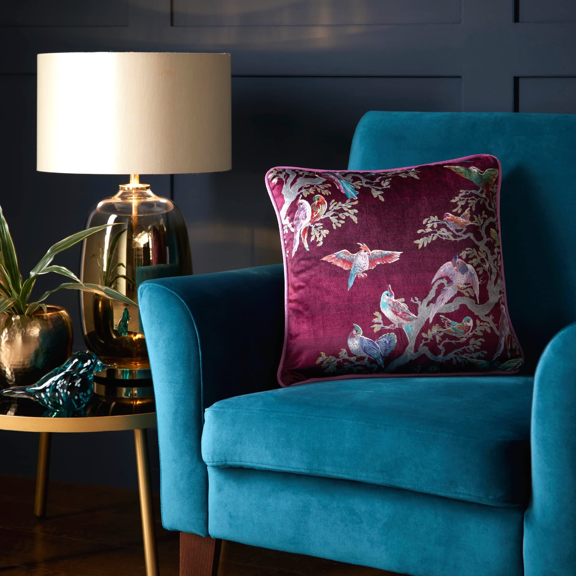 Laurence Llewelyn-Bowen - Luxury Velvet Pink Blue Cushion - 43 x 43cm - Pink Cushion with Padding/Filling - Piped Edge - Pink Cushion with Birds Print - Birdity Absurdity Collection