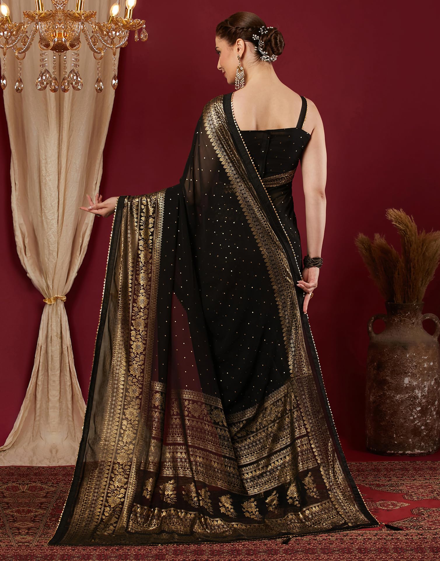SIRIL Women's Georgette Foil Printed Saree with Unstitched Blouse Piece (4402S3152_Black) - Image 3 thumbnail
