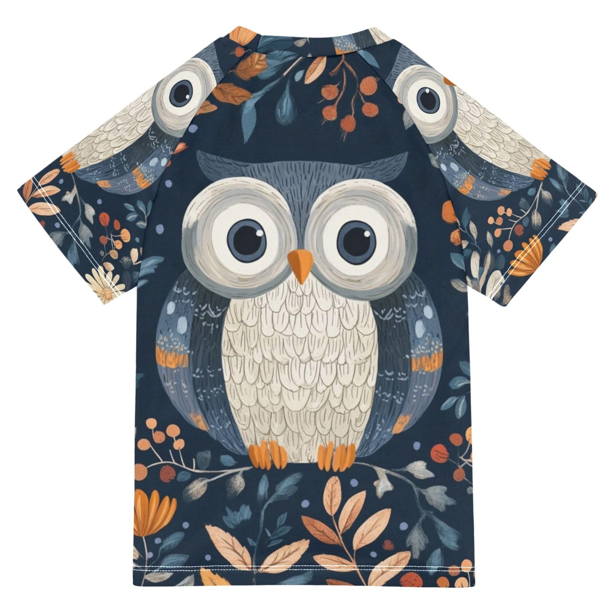 Glaphy Owl Cute Boys Rash Guard Swim Shirts Toddler Girls Short Sleeve Swimwear UPF 50+ Quick Dry Rashguard Shirt Multicoloured