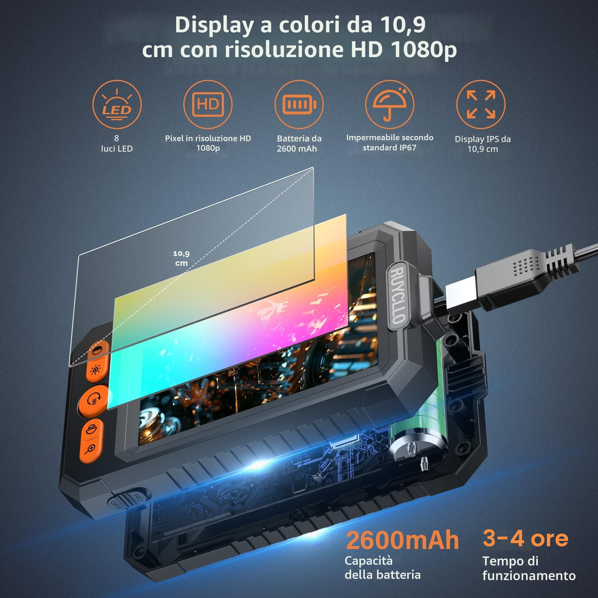 Endoscopio 1080P HD con Schermo IPS 4.3'' – Telecamera per Ispezione Tubi IP67 Impermeabile con 8 LED, Sonda con Telecamera 8mm e Cavo Semirigido 5M, per Videoispezione Auto Casa Tubazioni