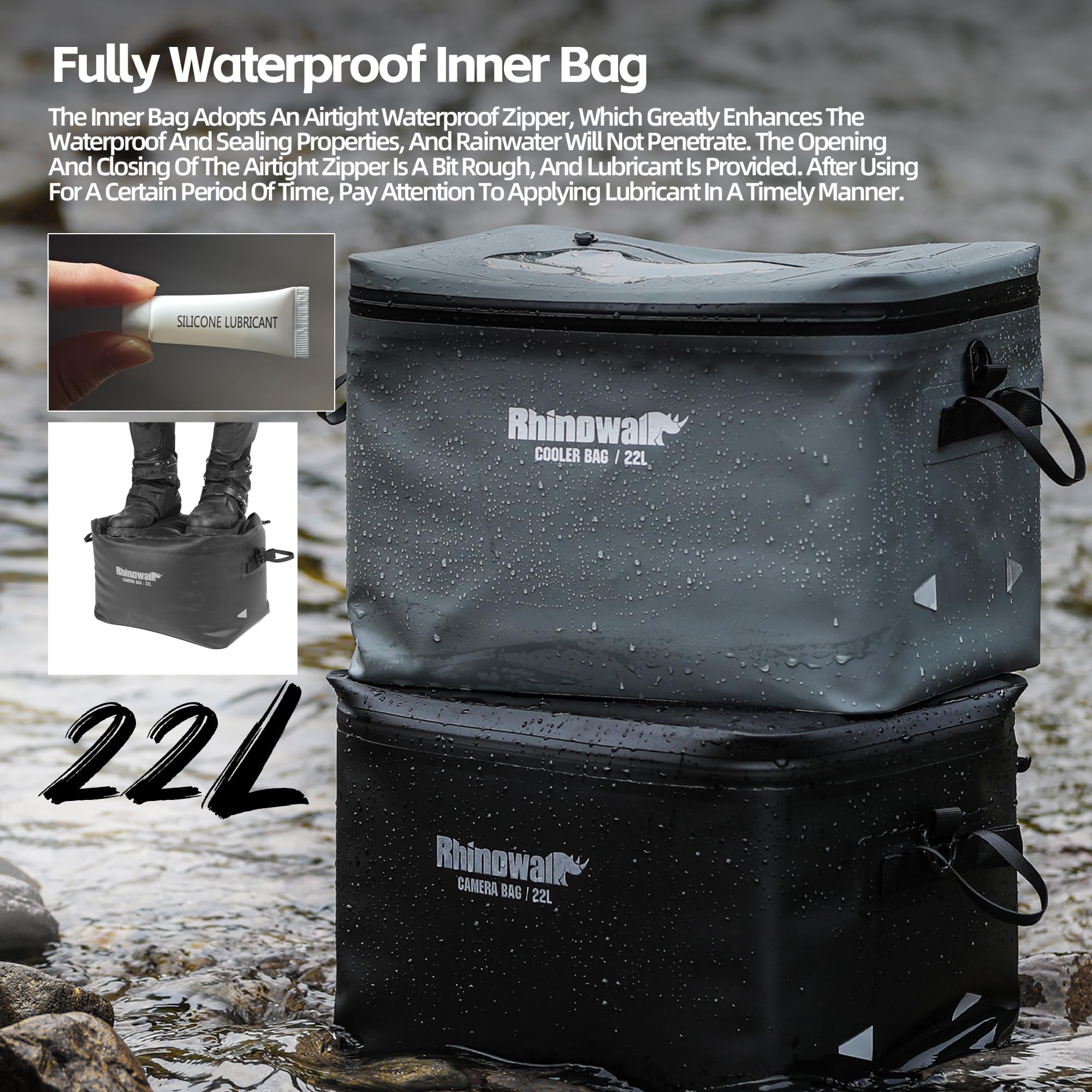 Rhinowalk Insert de sac isotherme étanche de 22 l - Poche intérieure isolée avec fermeture éclair hermétique - Sac isotherme pour moto