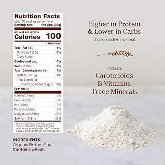 Jovial Organic Einkorn Unbleached All Purpose Flour - Bread Baking Flour for Sourdough, High Protein, Non-GMO, For Organic Pizza & Pasta, European Italian Made, Glyphosate Free - 32 Oz