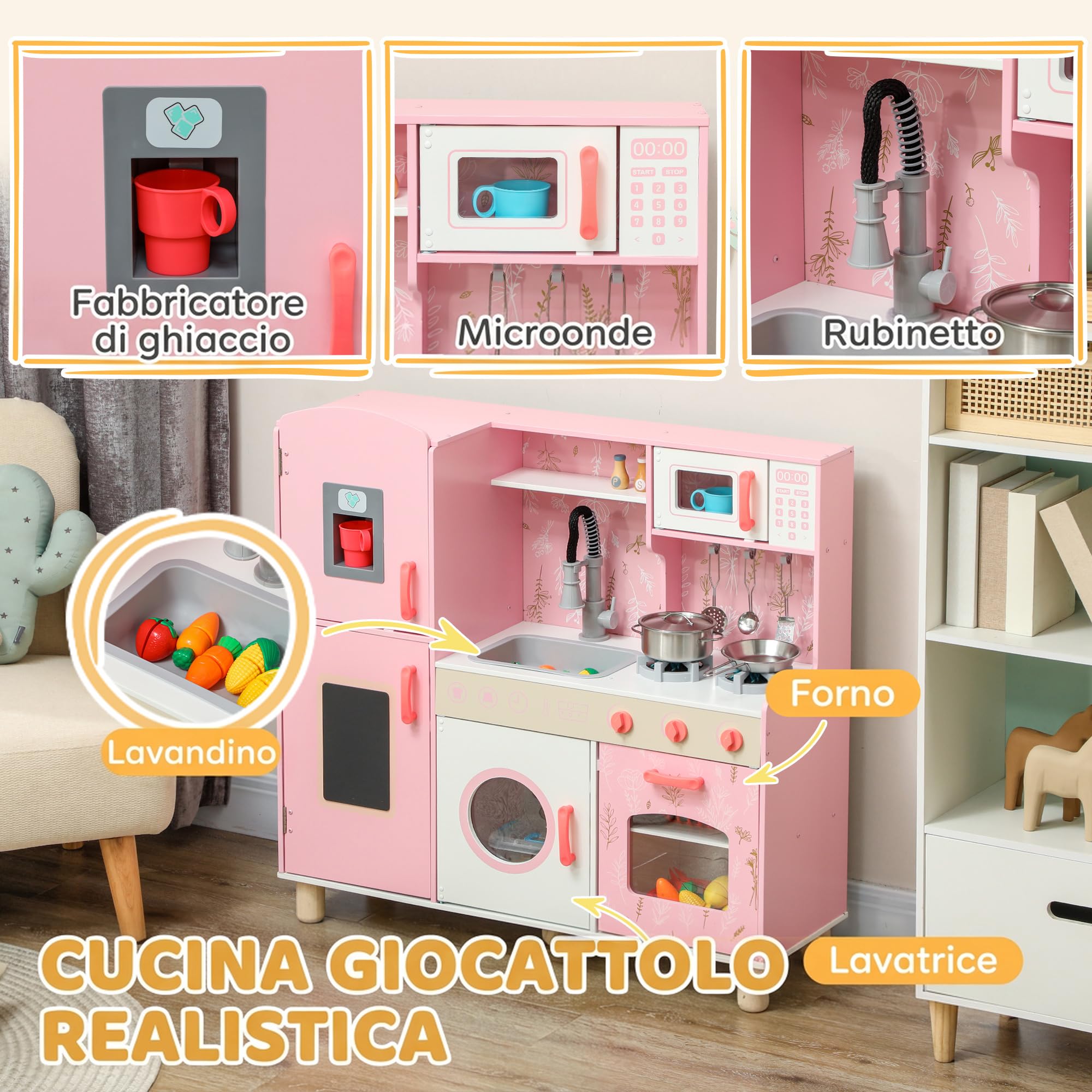 AIYAPLAY Cucina Giocattolo in Legno per Bambini 3+ Anni con Fornelli, Rosa
