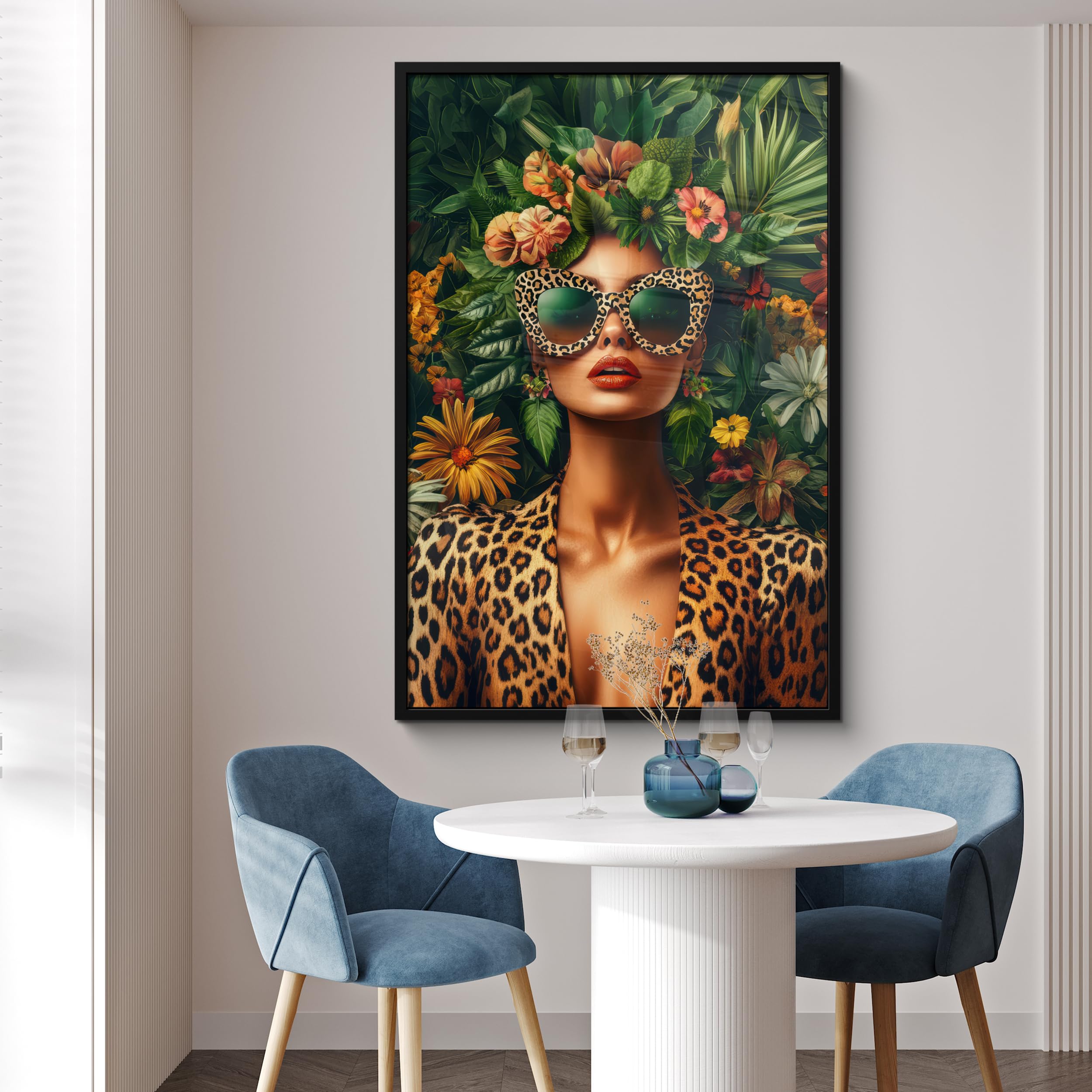 MuchoWow© Wandbilder mit Rahmen 80x120 cm Wanddeko Bilder Wohnzimmer Moderne Zimmerdeko Geschenk Bilderrahmen Frau - Pantherdruck - Dschungel - Natur - Luxus