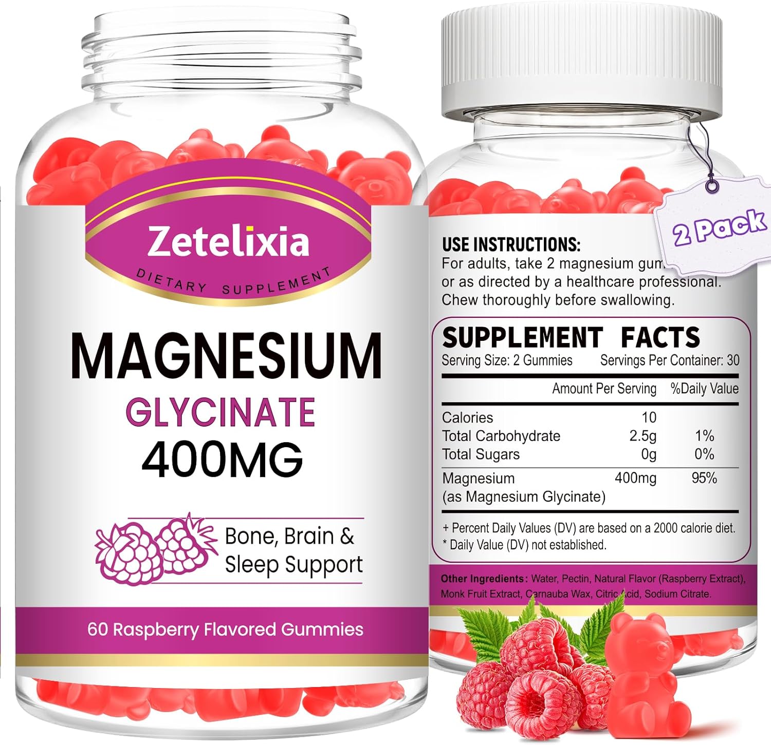 2 Pack Magnesium Glycinate Gummies, High Absorption Magnesium Glycinate Supplements for Relaxation, Sugar Free Chews for Adults & Kids, Relax Mood, Raspberry Flavor, 120 Count