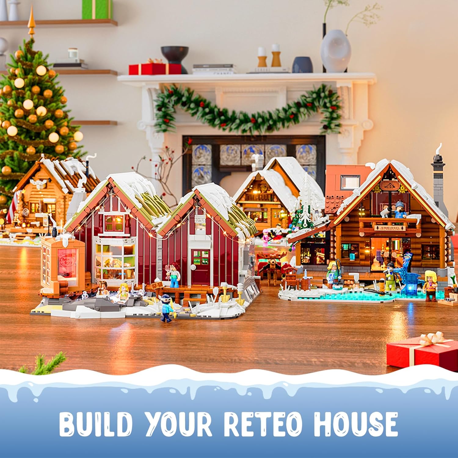 Spa-Cabin Winter Lighting-Building-Bricks Set - 2235 Pcs Christmas House Winter Lodge LED Light Construction Building Christmas Village Model Set for Adults and Families