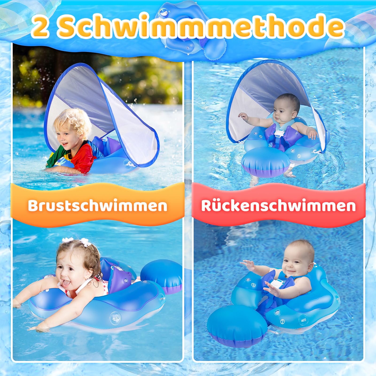 Boa di nuoto per neonati con baldacchino solare UPF50+, galleggiante per neonati Parner, aiuto per il nuoto per bambini da 3 a 36 mesi