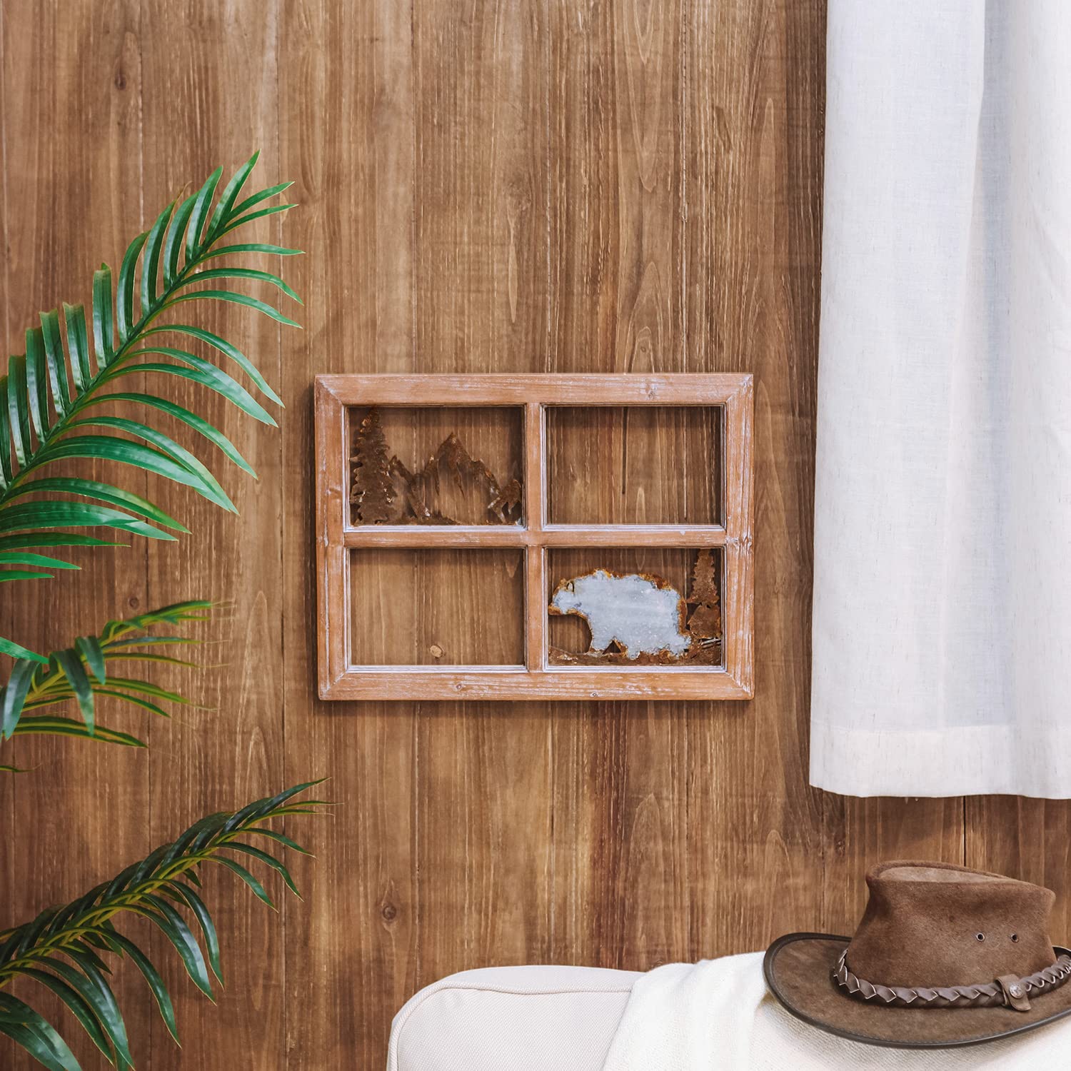 NIKKY HOME Rustic Wall Decor, Farmhouse Window Frame with Cute Bear Cutouts, Vintage Window Pane Art, Antique Fake Window for Entryways, Living Room, Dining Room, Bedroom, 15.5 x 11.5 inches