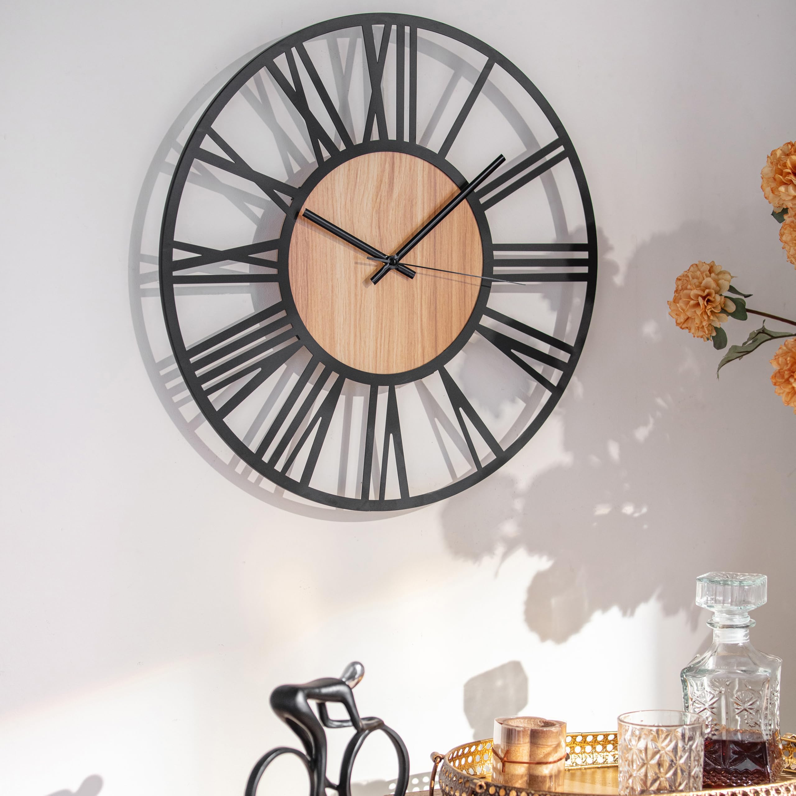 K&L Wall Art Reloj de pared grande de 50 cm, XL, de madera, industrial, de metal, estilo vintage, silencioso, movimiento de cuarzo, sin ruido de tictac