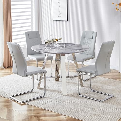 Miniatura 2 de Juego de 4 mesas de comedor redondas de 42 pulgadas para 4, juego de sillas de mesa de cocina modernas para 4 mesas de comedor de mármol sintético,