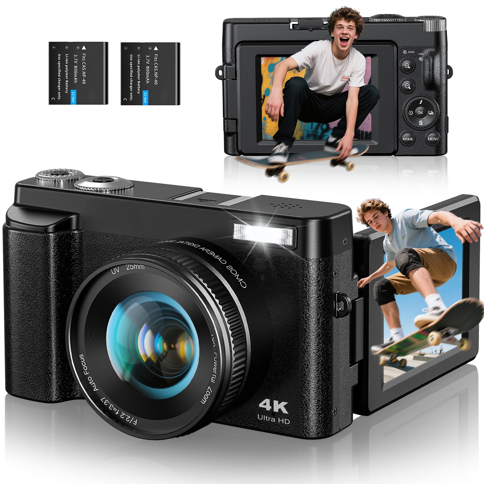 4K Digital Camera for Photography and Video with 32GB Card Battery Charger, 3'' 180°Flip Screen Camera with Flash 16X Zoom