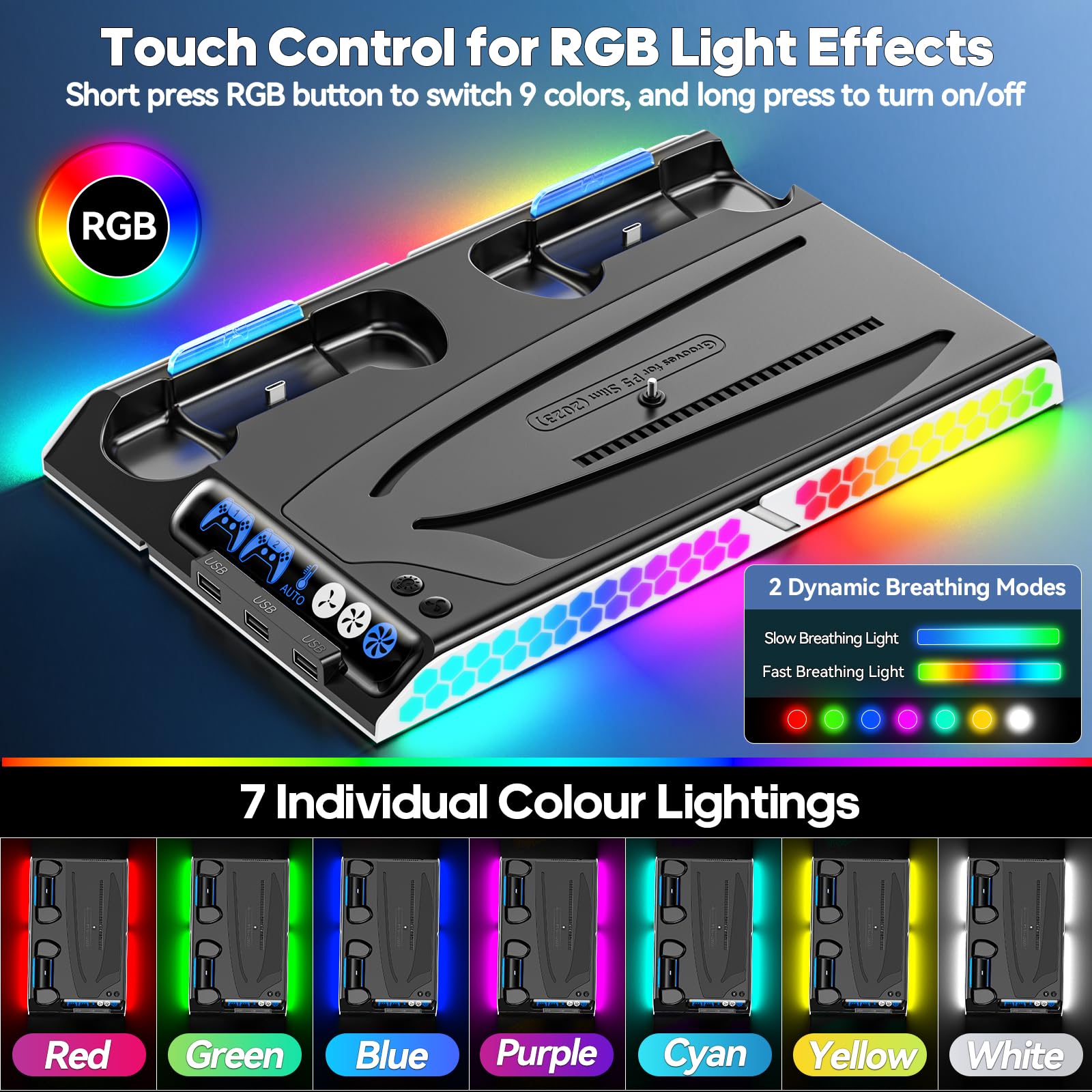 KDD Supporto PS5/PS5 Slim Con Ventola di Raffreddamento Autoregolante, Base PS5 Slim è di Ricarica Dualsense PS5, Base Verticale PS5 per PS5 Slim/PS5 Digital Edition e Disc Edition