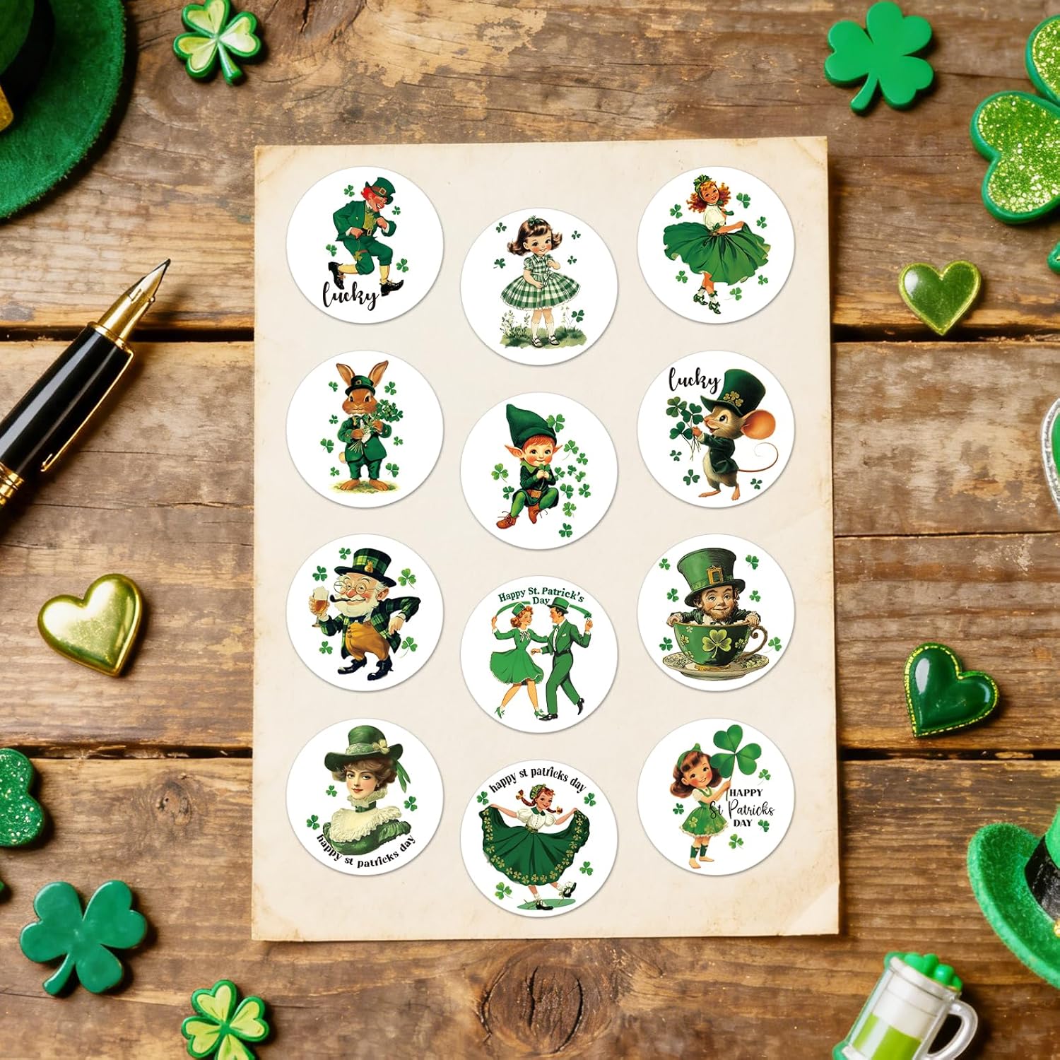 Dazoratix St. Patrick's Day Stickers - 1000 Pcs Shamrock Label Lucky Leprechaun Stickers Green Irish Round Roll Adhesive Decorations Party Favors for Kids Envelope Seals Gift Box Bags Cards Supplies