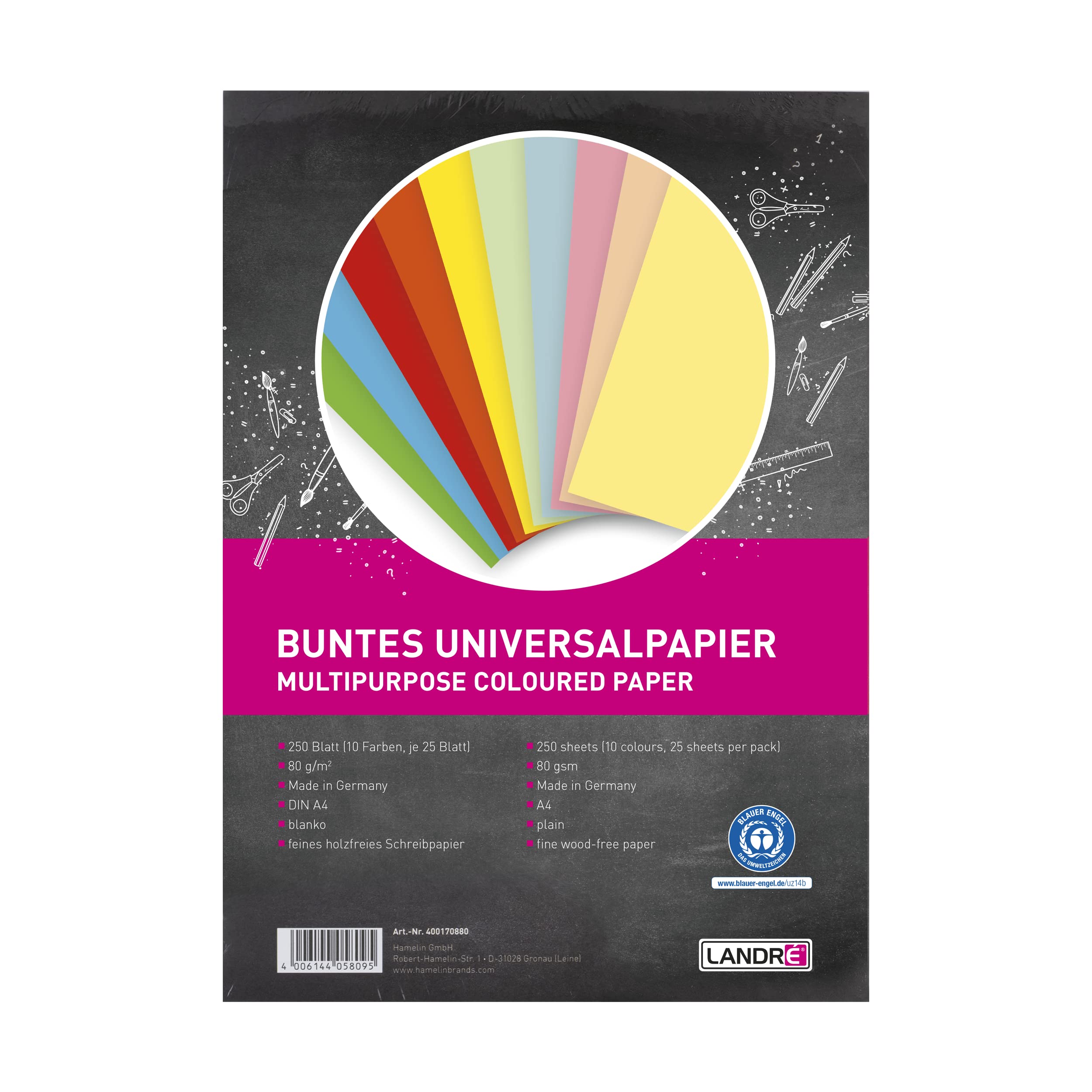 LANDRÉ 250 arkuszy papieru A4, kolorowy, uniwersalny, gramatura 80 g/m², 10 kolorów