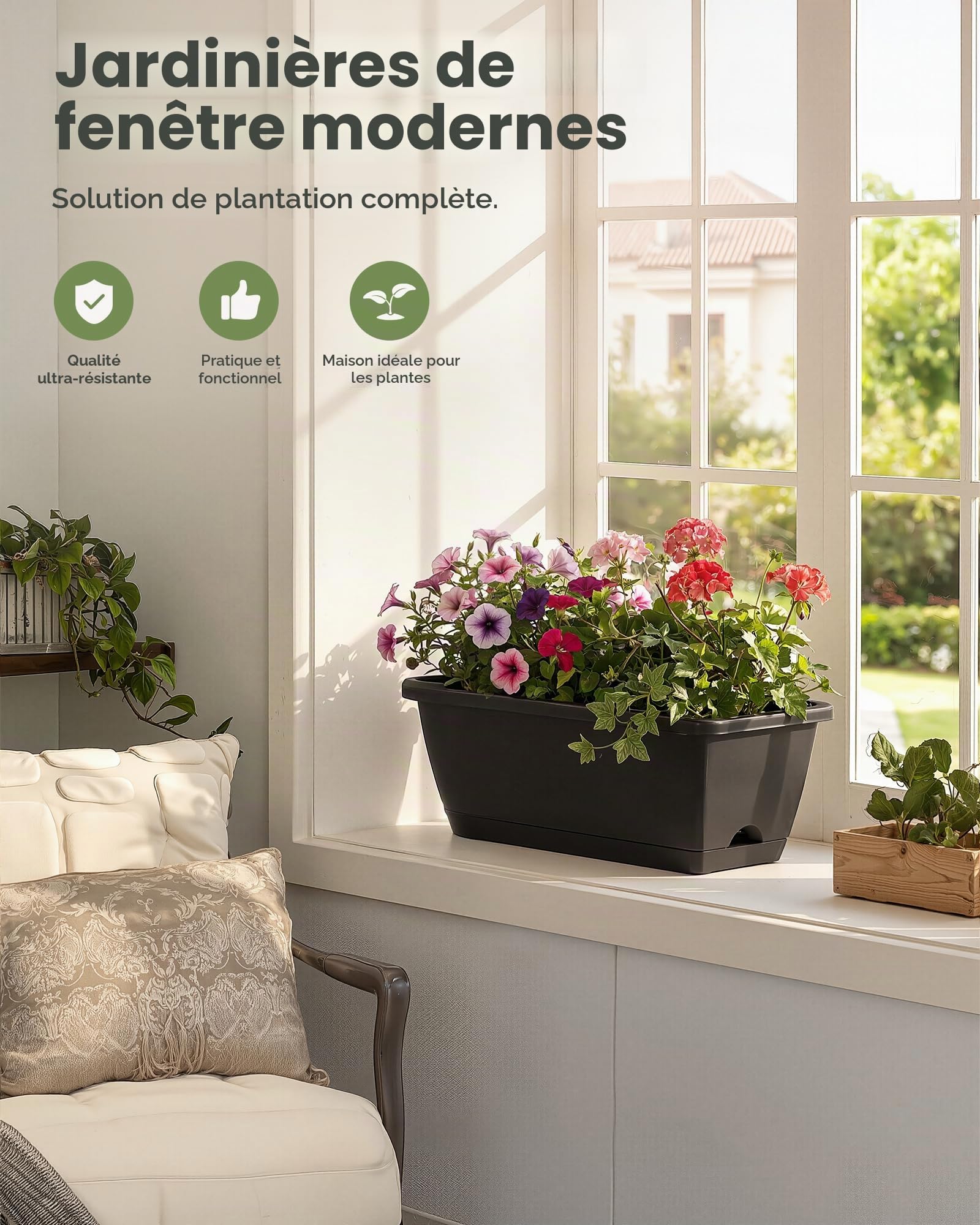 Bamworld 7 Jardinières de Fenêtre, 43 cm Jardinière Rectangulaire à Drainage, Bac à Fleurs Plastique pour Appui de Fenêtre Balcon Terrasse, Noir
