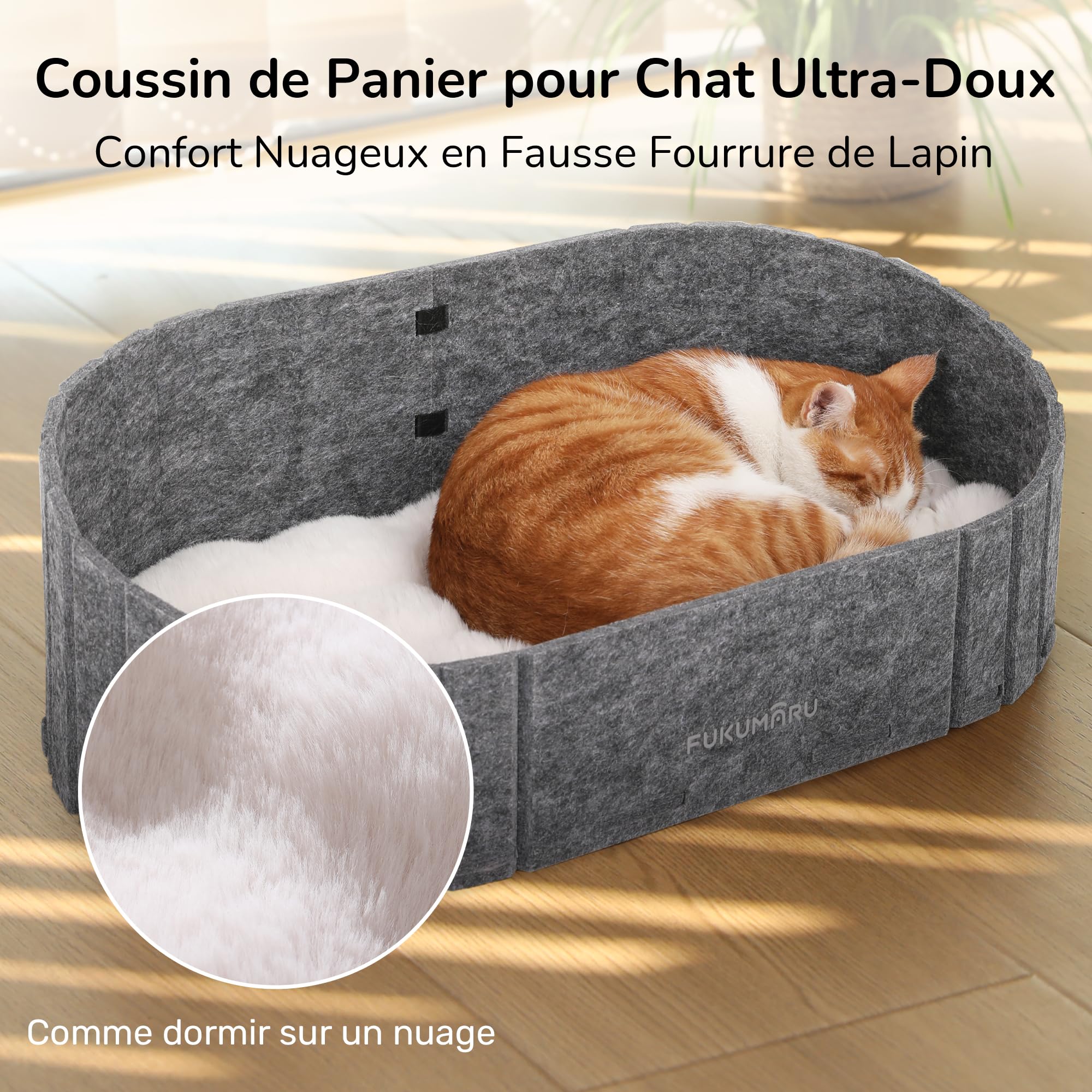 FUKUMARU Lit pour Chats d'Intérieur, 61 cm Canapé avec Coussin en Fausse Fourrure de Lapin, Maisonette en Feutre en Forme Ovale, Gris
