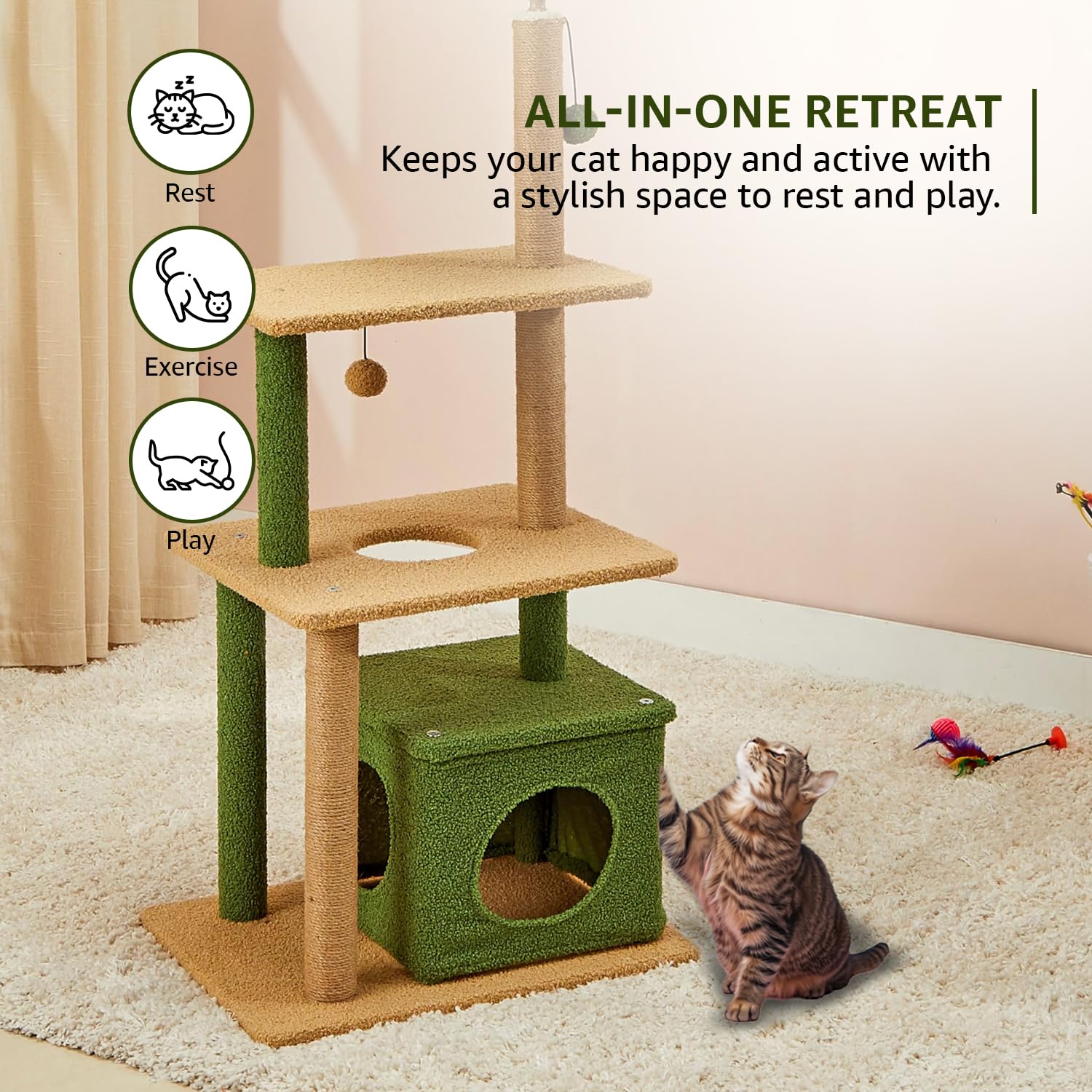 Amazon Basics Premium Imported Garden Theme Cat Tree | XL | with Cat Home, Jumping Platform, Scratching Posts and Tree Leaves 2