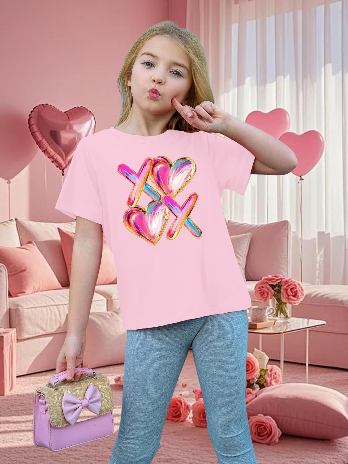Kids Valentine's Shirts for Girls Boys Love Heart Graphic Shirt Teens Valentine's Day Short Sleeve Tees Tops