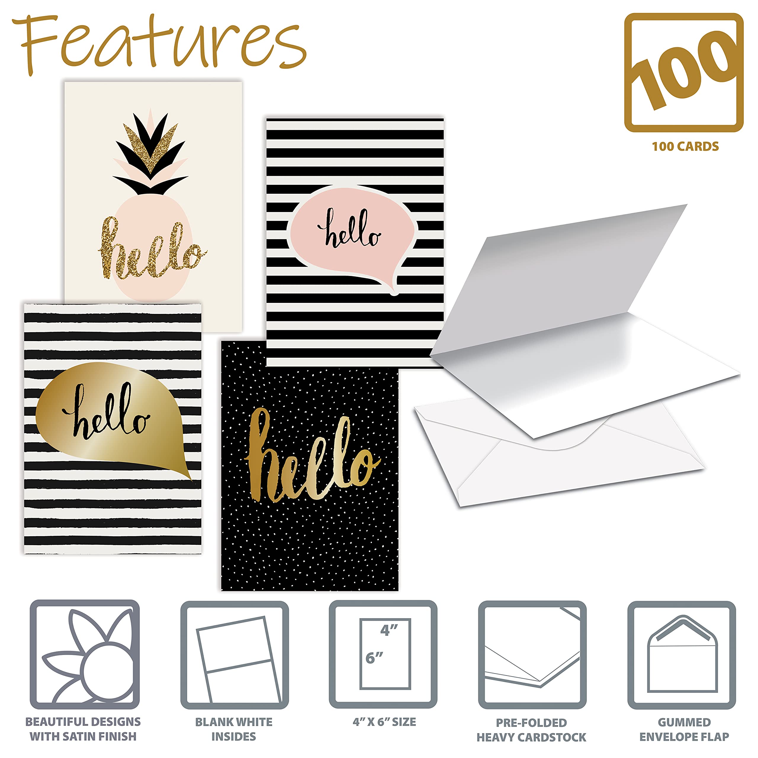 Tarjetas de felicitación de Hello para todas las ocasiones, 100 unidades, 4 x 6 pulgadas, 4 elegantes diseños de cubiertas, en blanco interior, por Better Office Products, Thinking of You, tarjetas