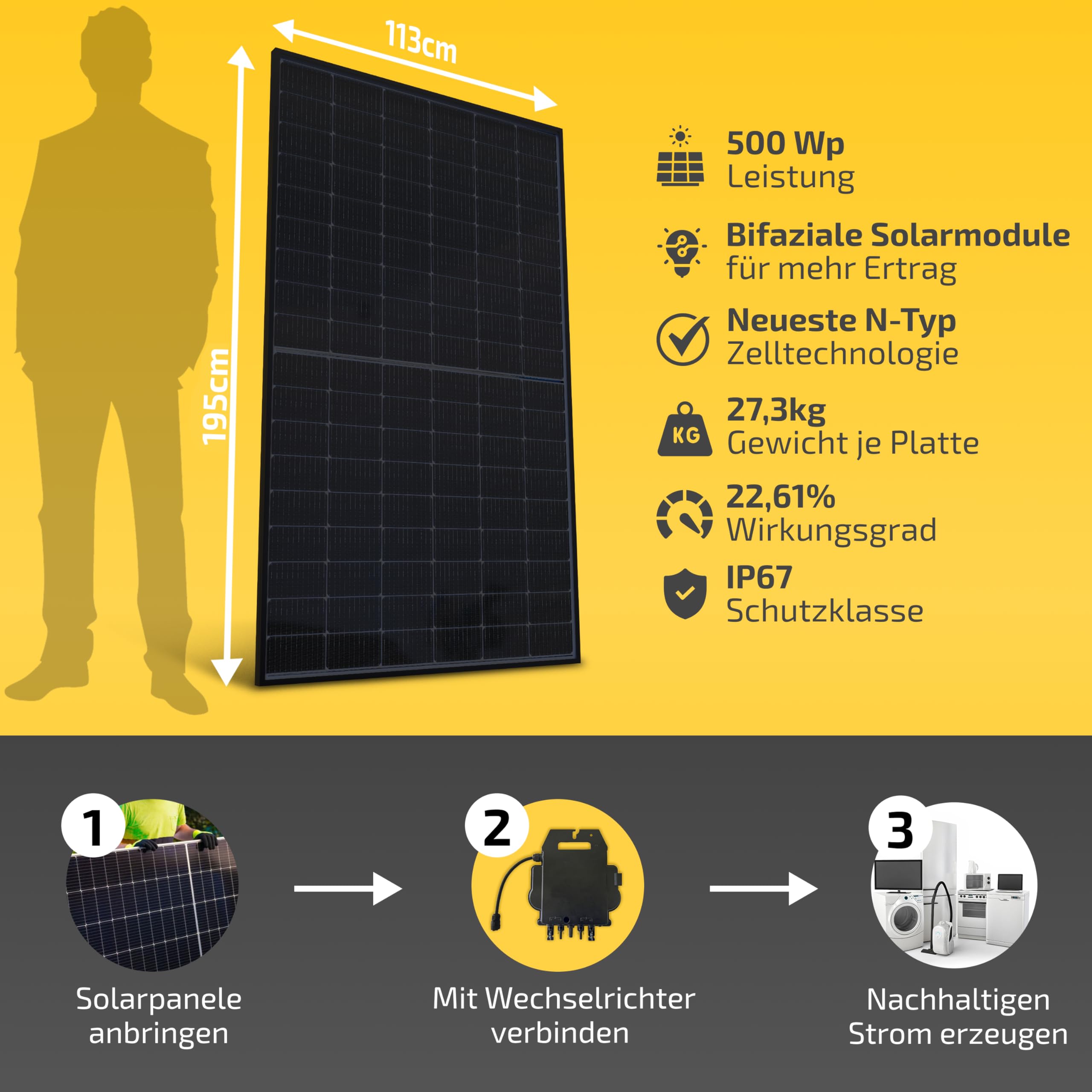Solakon Solarpanel 500W Bifazial Glas-Glas N-Type Solarmodul 40V Full Black für Balkonkraftwerk Solaranlage (2 Stk)