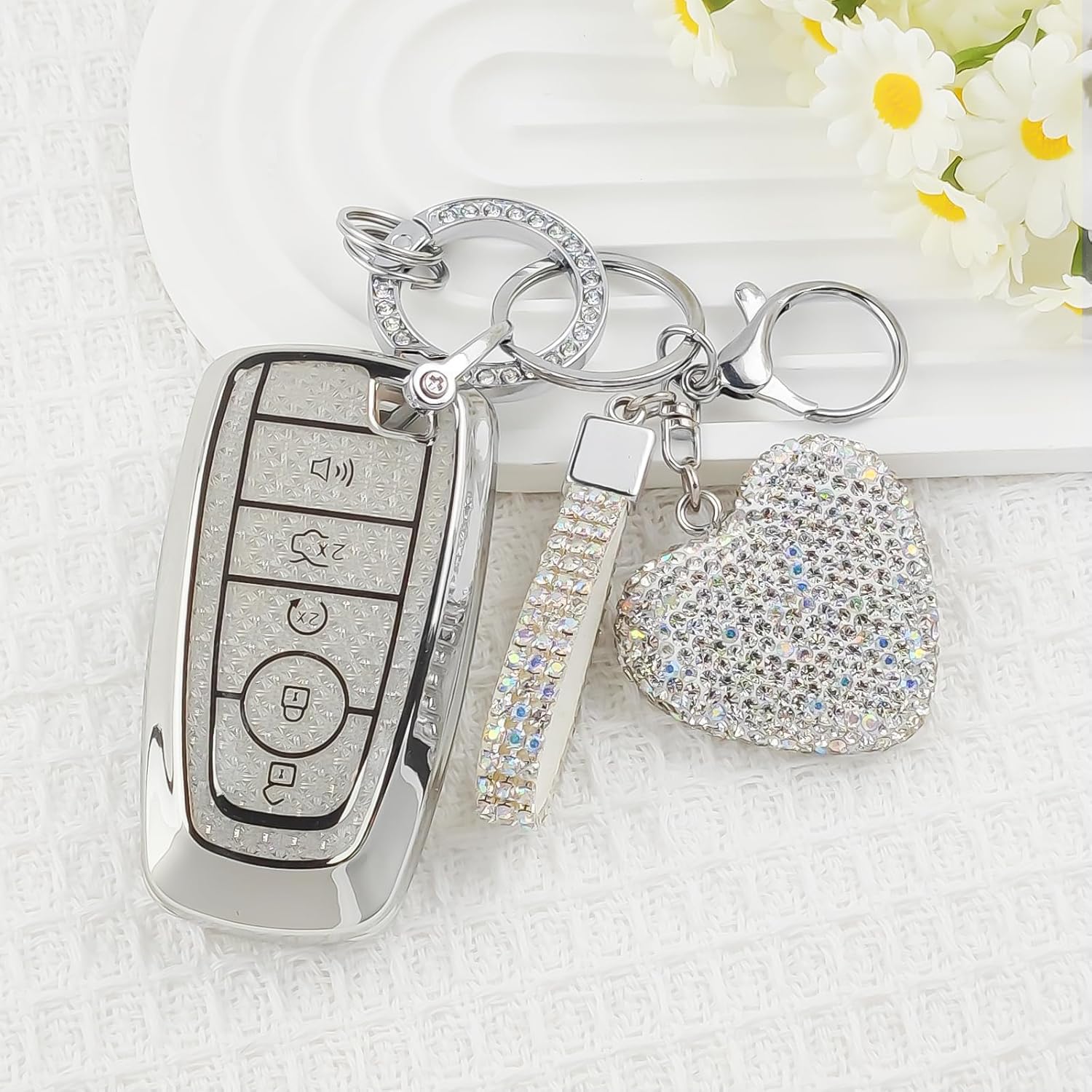 Nomiyo Key Fob Cover with Diamond Bling Keychain for Women, Compatible with Ford Fusion Escape Expedition Explorer Edge F150 F250 F350 etc, TPU Key Case and Elegant Heart Key Chain (Silver, 1PCS) - Image 4