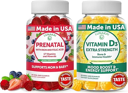 Paquete de gomitas prenatales y de vitamina D3, sin OMG, sin gluten, sin jarabe de maĂz, todos los suplementos naturales, 60 gomitas prenatales y 60 Paquete de gomitas prenatales y de vitamina D3, sin OMG, sin gluten, sin jarabe de maĂz, todos los suplementos naturales, 60 gomitas prenatales y 60