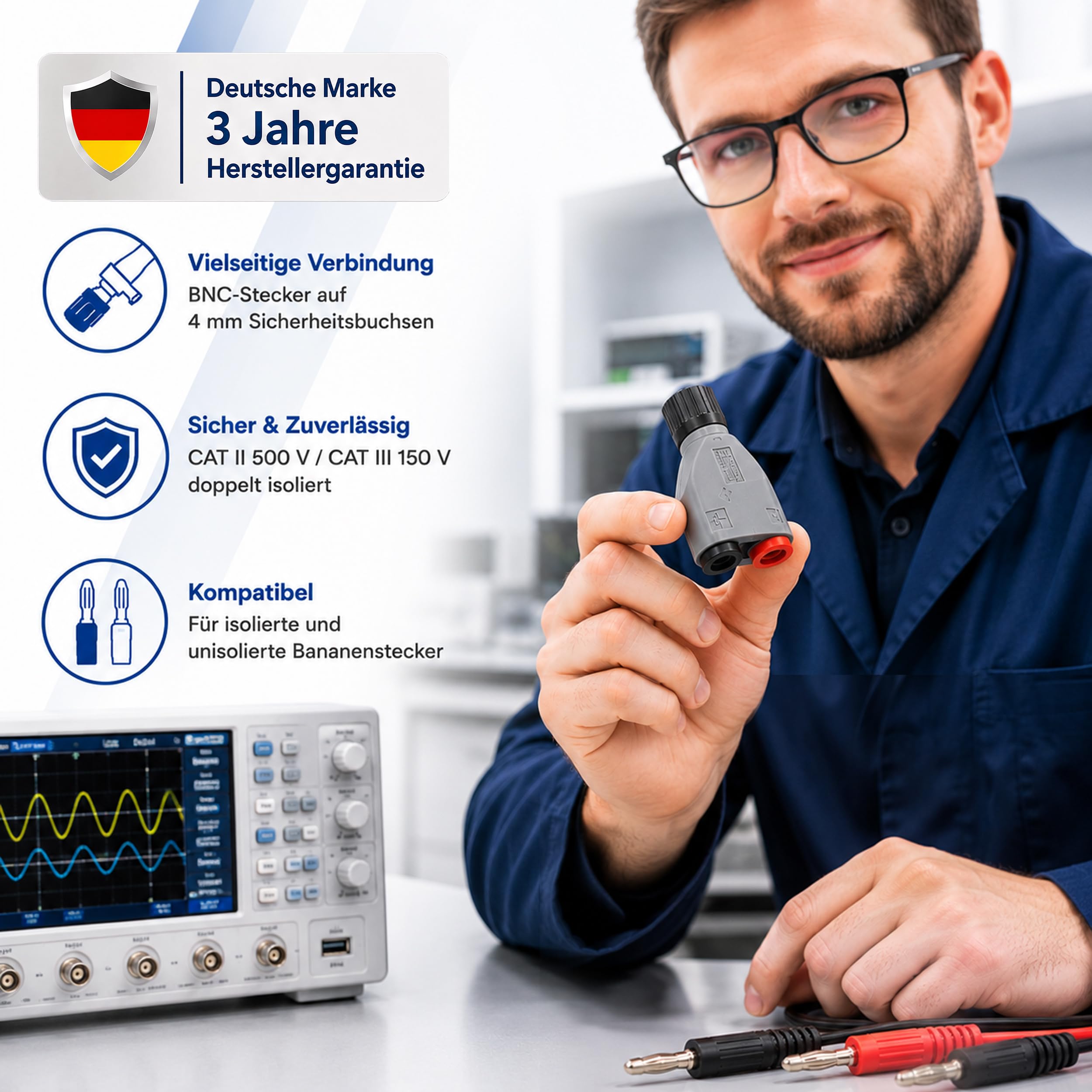 PeakTech 7055 - BNC zu 4mm Adapter Stecker für Oszilloskope, berührungssicher