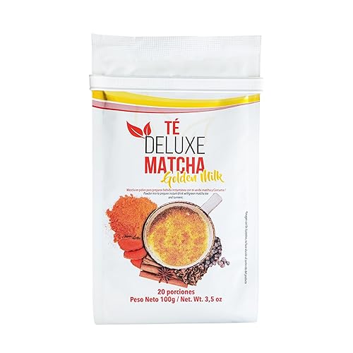 Té Deluxe Leche dorada matcha con cúrcuma, mezcla de especias chai, pimienta negra, jengibre, canela, cardamomo y anís. 20 porciones