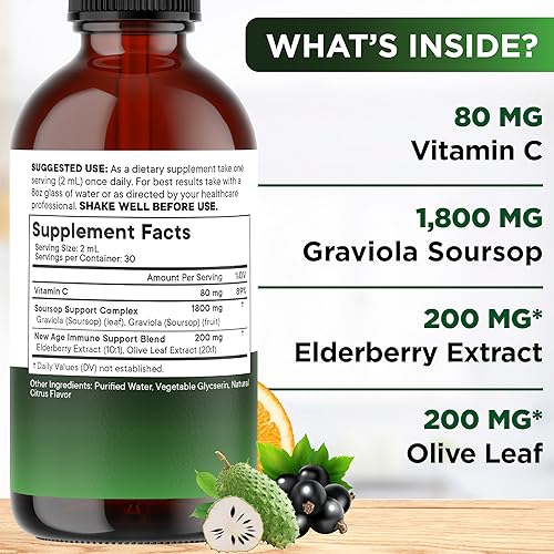 Miniatura 2 de NEW AGE Gotas de guanábana - Líquido amargo de guanábana con fruta y hojas de guanábana, saúco, vitamina C y hoja de olivo, superalimento