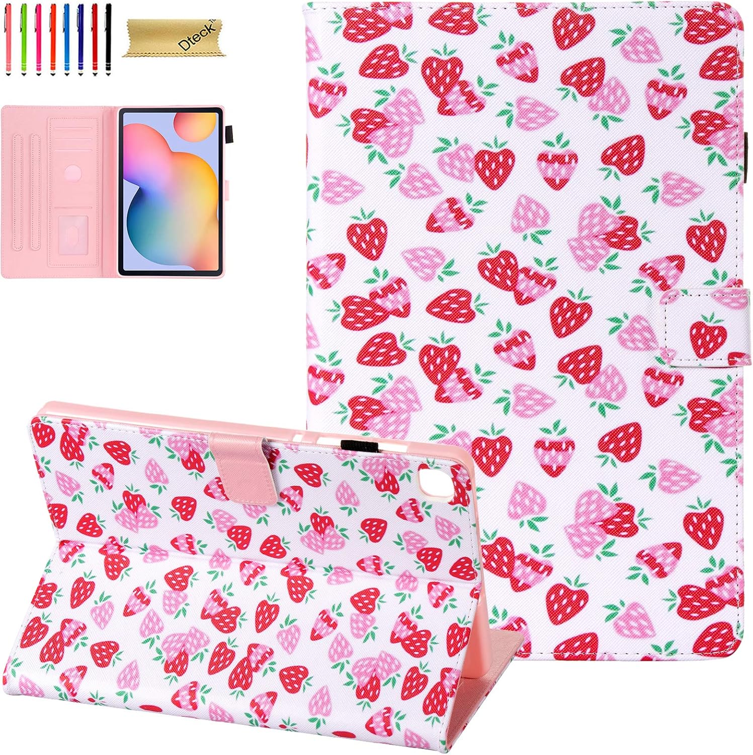 Tab S6 Lite Case, Dteck for Samsung Galaxy Tab S6 Lite 10.4" 2020, SM-P610/P615 Case, Flip Leather Stand Case with Auto Wake/Sleep Soft Back Cover for Samsung Tab S6 lite Tablet, Pink Strawberry