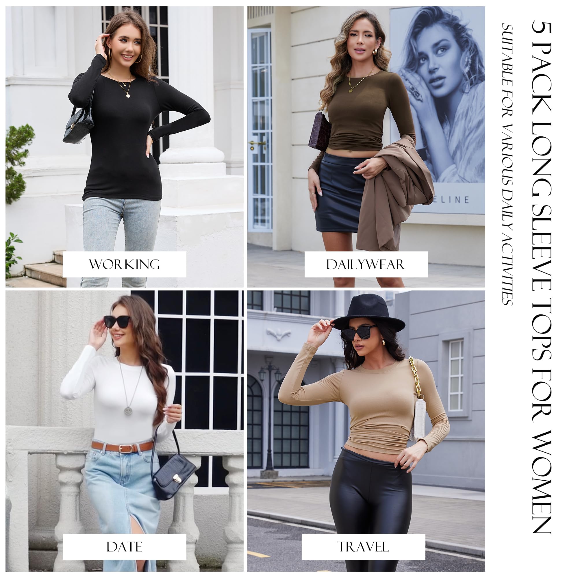 Lot de 5 hauts à manches longues pour femme - Manches longues extensibles - Col rond - Hauts basiques pour femme
