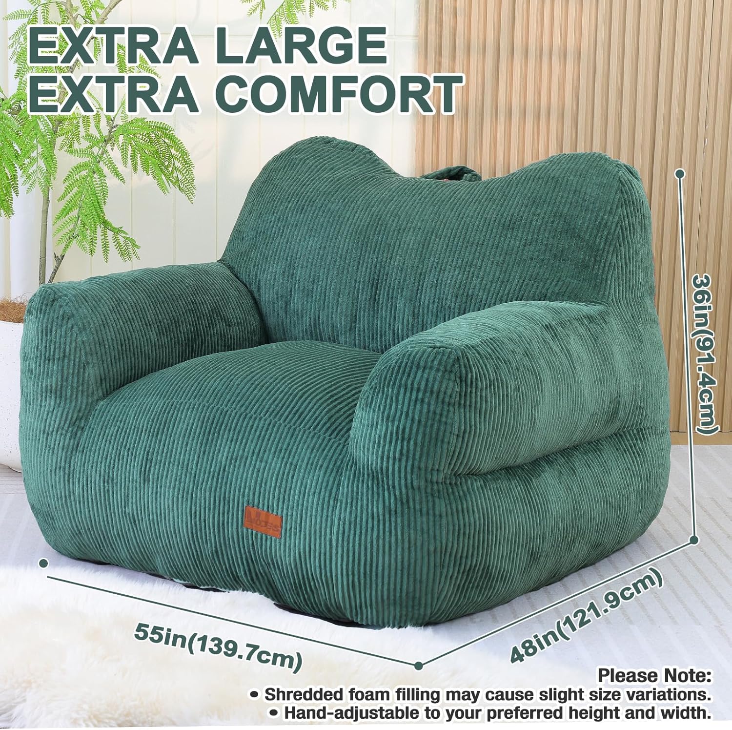 Giant Bean Bag Chair for Adults, Cozy Beanbag Chair with Armrests for Bedroom Living Room, Large Boneless Chair Floor Bean Bags with Handle Non-Slip Base -Dark Green