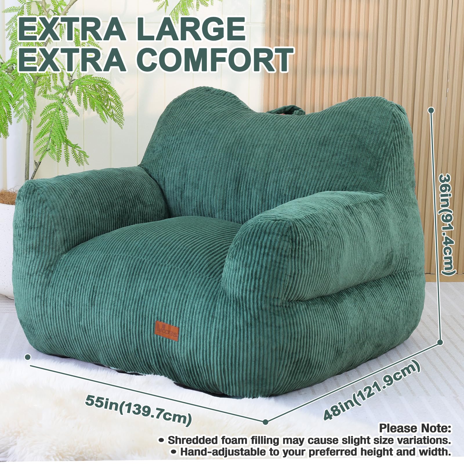 Cord Sitzsack Erwachsene, Bean Bag Chair mit Memory-Schaum Füllung, Gemütlicher Relaxsessel mit Armlehnen & Tragegriff, Big Sessel für Wohnzimmer Schlafzimmer (XL-Dunkelgrün)