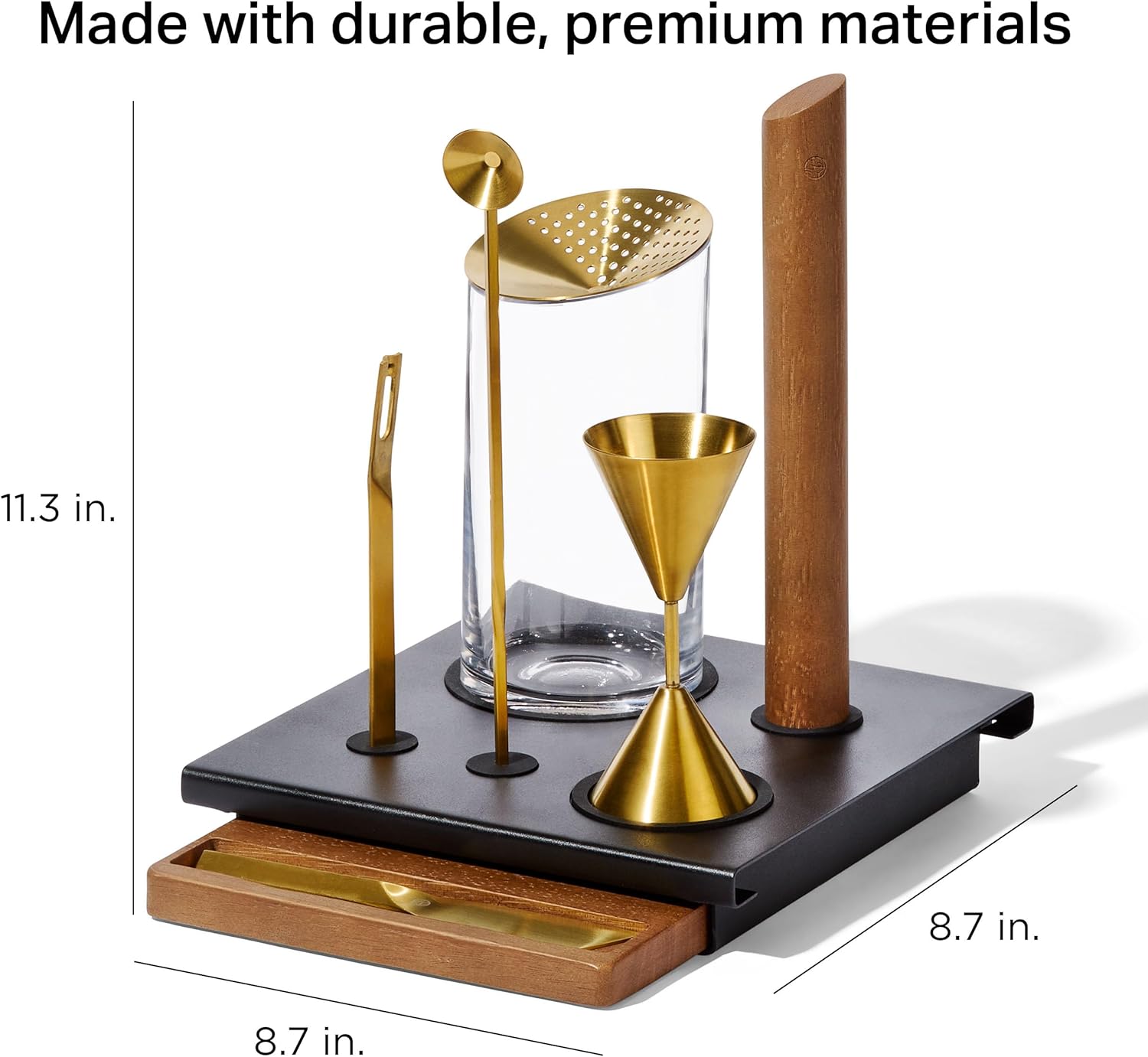 Rabbit 9-Piece Bar Tool Set with Prep Board, Mixing Glass, Strainer, Jigger, Channel Knife, Bar Spoon, Rubberwood Muddler, Citrus Knife and Storage Base