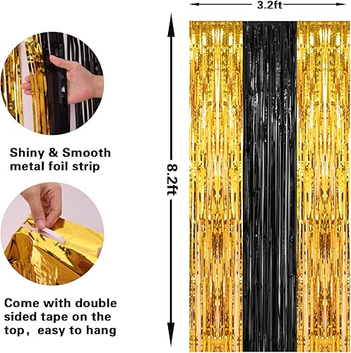 Miniatura 3 de PIGETALE, 2 Pack 3.2x8.2 Feet Black and Gold Tinsel Backdrop Party Decorations, Foil Fringe Curtains Backdrop for Birthday Graduation Wedding