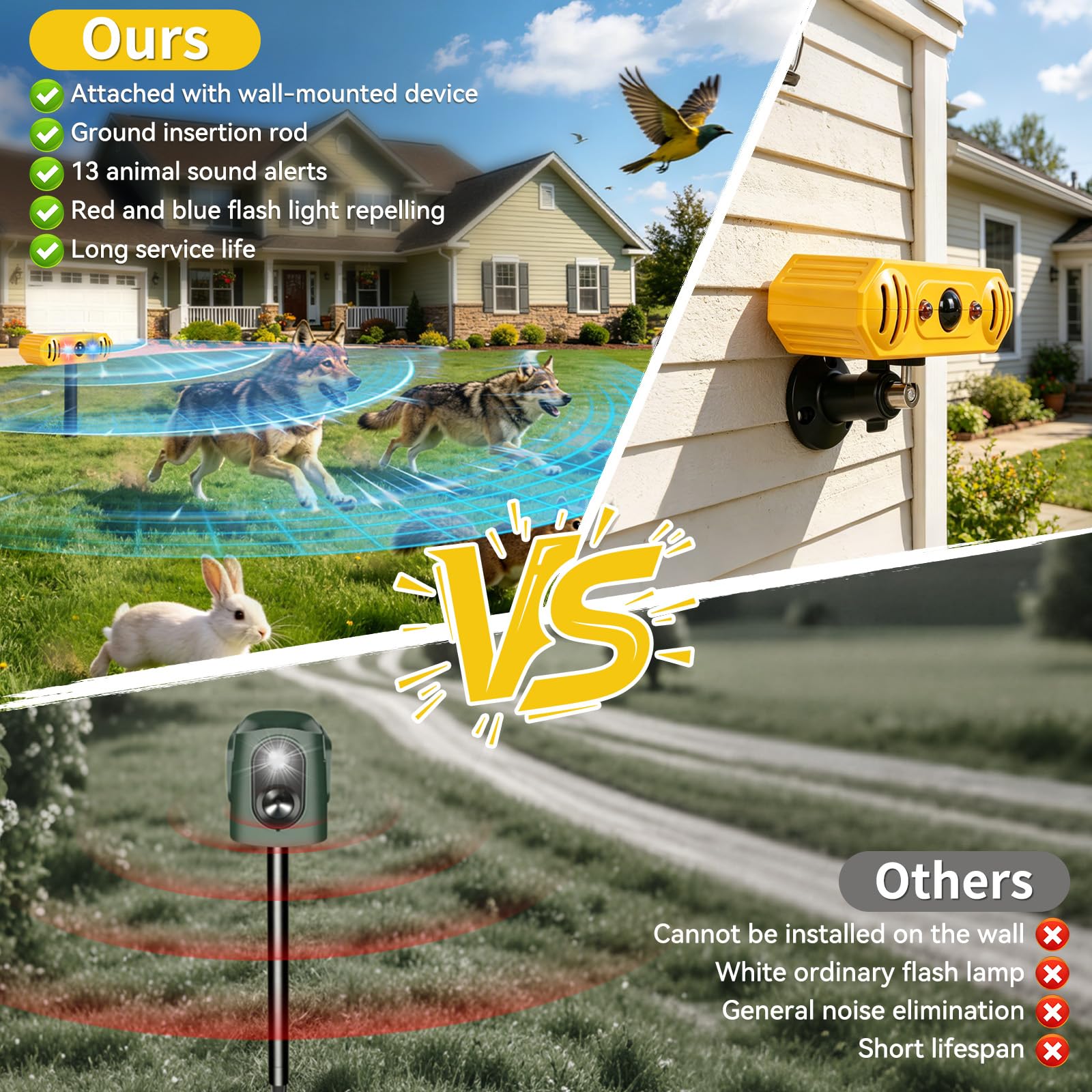 Repellente solare ad ultrasuoni per animali, repellente per gatti all'aperto con 13 suoni predatori e luci stroboscopiche, per cani, cervi, procioni, scoiattoli, paletto o montaggio a parete per