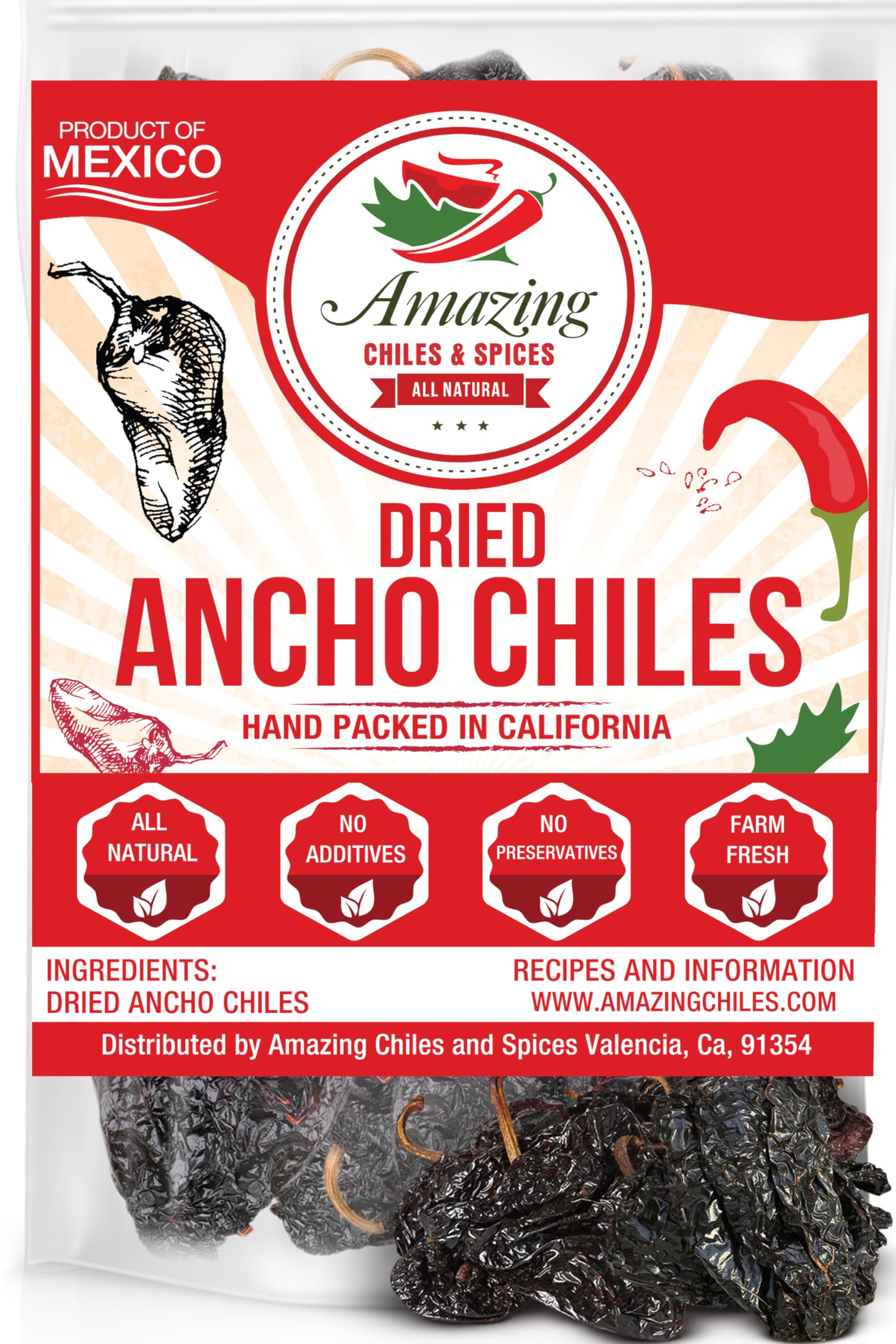 Dried Ancho Chiles Peppers 5 oz, Natural and Premium. For Recipes Like Mexican Mole, Sauces, Stews, Salsa, Meats, Enchiladas. Mild to Medium Heat, Sweet & Smoky Flavor. Air Tight Resealable Bag