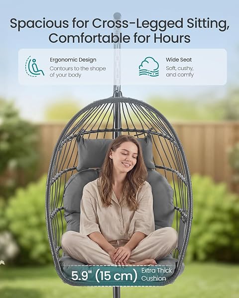 SONGMICS Outdoor Hanging Egg Chair, Foldable Removable Basket, Height-Adjustable Swing Chair, Side Pocket, Cushion, for Living Room, Garden, Balcony, Grey GDC050GZ02 - 3