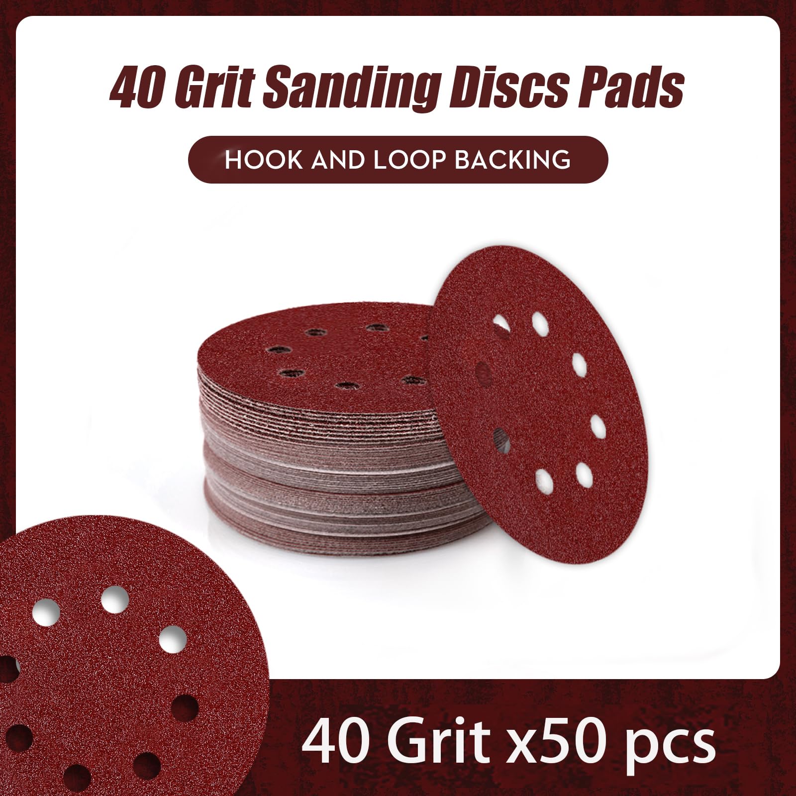 Disques abrasifs 125mm, Papier abrasif à 8 Trous en oxyde d'aluminium for Le Travail du Bois avec Crochet et Boucle for ponçage Orbital aléatoire(40 Grit 50pcs)