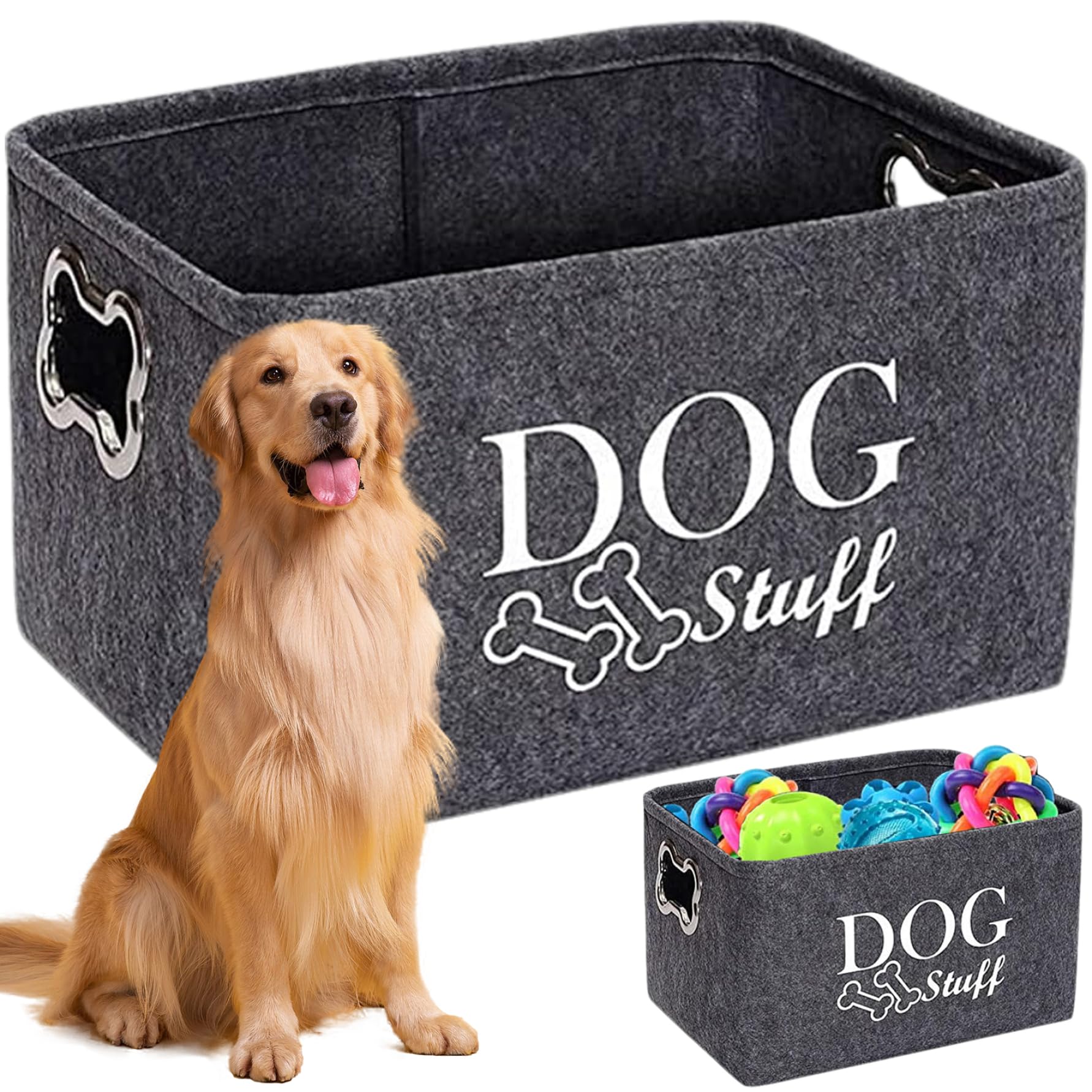 Panier à jouets pour chien en feutre gris foncé haut de gamme avec design os unique